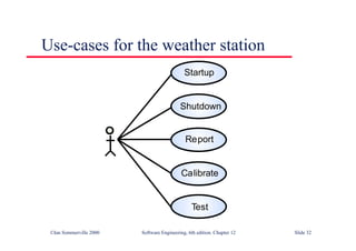 ©Ian Sommerville 2000 Software Engineering, 6th edition. Chapter 12 Slide 32
Use-cases for the weather station
Startup
Shutdown
Report
Calibrate
Test
 