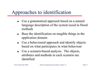 ©Ian Sommerville 2000 Software Engineering, 6th edition. Chapter 12 Slide 37
Approaches to identification
l Use a grammatical approach based on a natural
language description of the system (used in Hood
method)
l Base the identification on tangible things in the
application domain
l Use a behavioural approach and identify objects
based on what participates in what behaviour
l Use a scenario-based analysis. The objects,
attributes and methods in each scenario are
identified
 