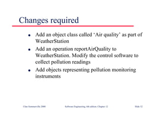 ©Ian Sommerville 2000 Software Engineering, 6th edition. Chapter 12 Slide 52
Changes required
l Add an object class called ‘Air quality’ as part of
WeatherStation
l Add an operation reportAirQuality to
WeatherStation. Modify the control software to
collect pollution readings
l Add objects representing pollution monitoring
instruments
 