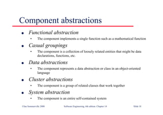©Ian Sommerville 2000 Software Engineering, 6th edition. Chapter 14 Slide 18
Component abstractions
l Functional abstraction
• The component implements a single function such as a mathematical function
l Casual groupings
• The component is a collection of loosely related entities that might be data
declarations, functions, etc.
l Data abstractions
• The component represents a data abstraction or class in an object-oriented
language
l Cluster abstractions
• The component is a group of related classes that work together
l System abstraction
• The component is an entire self-contained system
 