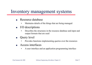 ©Ian Sommerville 2000 Software Engineering, 6th edition. Chapter 14 Slide 37
Inventory management systems
l Resource database
• Maintains details of the things that are being managed
l I/O descriptions
• Describes the structures in the resource database and input and
output formats that are used
l Query level
• Provides functions implementing queries over the resources
l Access interfaces
• A user interface and an application programming interface
 