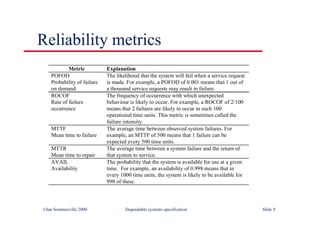 ©Ian Sommerville 2000 Dependable systems specification Slide 9
Reliability metrics
Metric Explanation
POFOD
Probability of failure
on demand
The likelihood that the system will fail when a service request
is made. For example, a POFOD of 0.001 means that 1 out of
a thousand service requests may result in failure.
ROCOF
Rate of failure
occurrence
The frequency of occurrence with which unexpected
behaviour is likely to occur. For example, a ROCOF of 2/100
means that 2 failures are likely to occur in each 100
operational time units. This metric is sometimes called the
failure intensity.
MTTF
Mean time to failure
The average time between observed system failures. For
example, an MTTF of 500 means that 1 failure can be
expected every 500 time units.
MTTR
Mean time to repair
The average time between a system failure and the return of
that system to service.
AVAIL
Availability
The probability that the system is available for use at a given
time. For example, an availability of 0.998 means that in
every 1000 time units, the system is likely to be available for
998 of these.
 