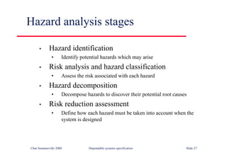 ©Ian Sommerville 2000 Dependable systems specification Slide 27
Hazard analysis stages
• Hazard identification
• Identify potential hazards which may arise
• Risk analysis and hazard classification
• Assess the risk associated with each hazard
• Hazard decomposition
• Decompose hazards to discover their potential root causes
• Risk reduction assessment
• Define how each hazard must be taken into account when the
system is designed
 