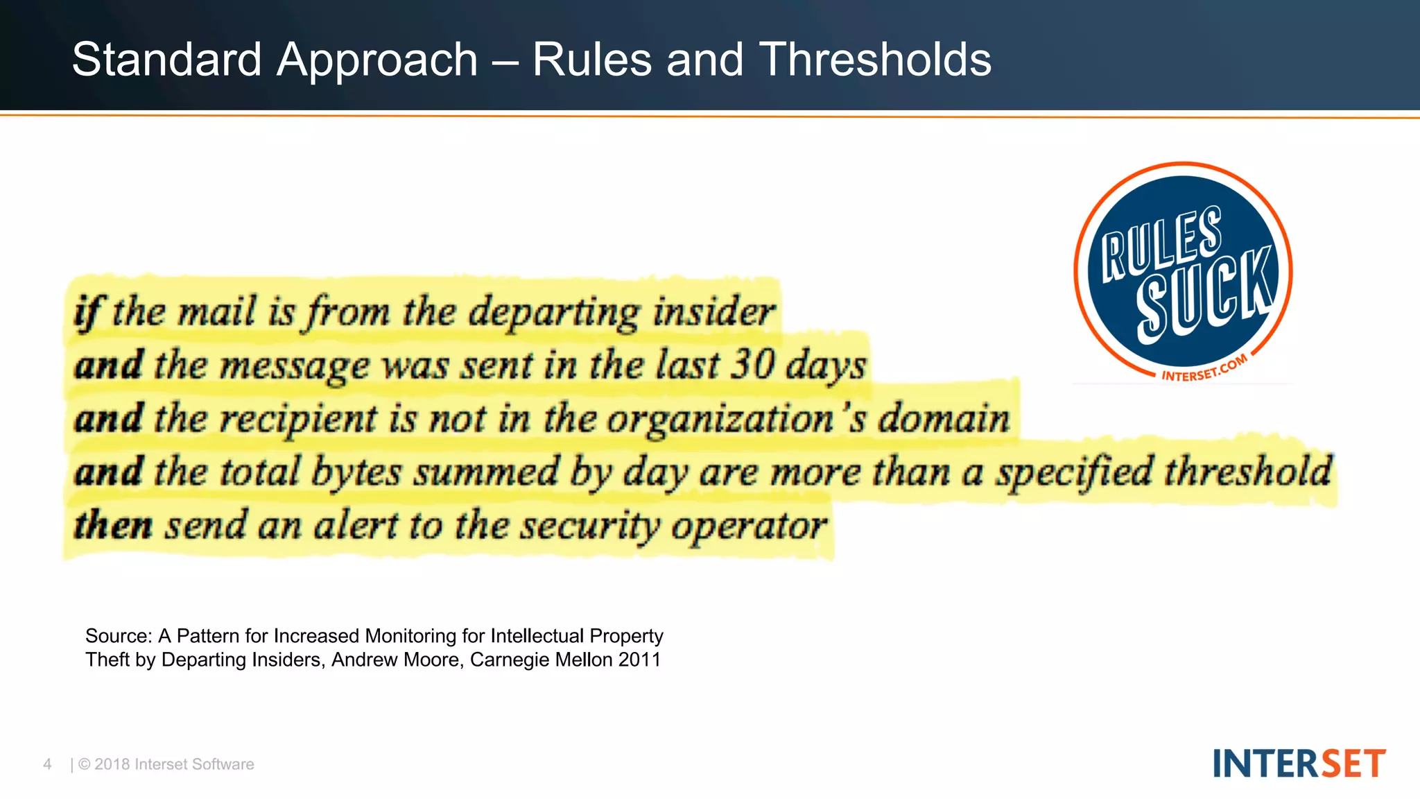 4 | © 2018 Interset Software
Standard Approach – Rules and Thresholds
Source: A Pattern for Increased Monitoring for Intellectual Property
Theft by Departing Insiders, Andrew Moore, Carnegie Mellon 2011
 
