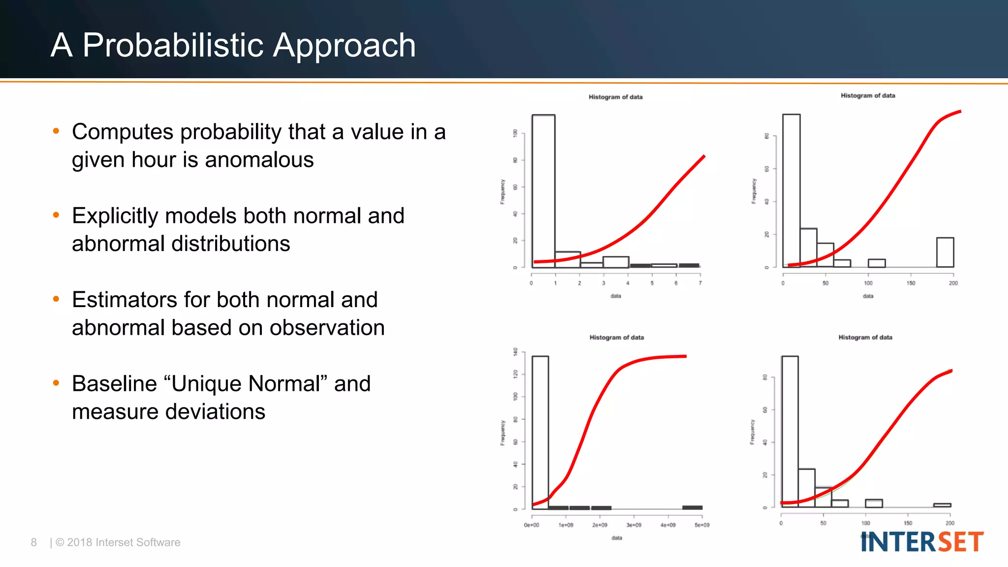 8 | © 2018 Interset Software
A Probabilistic Approach
• Computes probability that a value in a
given hour is anomalous
• Explicitly models both normal and
abnormal distributions
• Estimators for both normal and
abnormal based on observation
• Baseline “Unique Normal” and
measure deviations
 