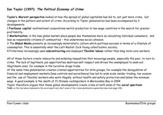 Ian Taylor (1997): The Political Economy of Crime
Taylor’s Marxist perspective looked at how the spread of global capitalism has led to, not just more crime, but
changes in the pattern and extent of crime. According to Taylor globalisation has been accompanied by 3
developments:
1 Footloose capital: multinational corporations switch production to low-wage countries in the search for greater
profitability.
2 Marketisation: in the new global market place people see themselves more as calculating individual consumers, and
less as responsible citizens of communities – this undermines social cohesion.
3 The Global Media promote an increasingly materialistic culture which portrays success in terms of a lifestyle of
consumption. This is essentially what the Left Realist Jock Young called bulimic society.
4 Firms have increasingly used subcontracting and employed ‘flexible’ labour rather than long-term core workers.
All of these factors create insecurity and widening inequalities that encourage people, especially the poor, to turn to
crime. The lack of legitimate job opportunities destroys self respect and drives the unemployed to seek out
illegitimate ones, for example in the lucrative drugs trade.
At the same time globalisation creates criminal opportunities for elite groups, for example the deregulation of
financial and employment markets (less controls and surveillance) has led to wide scale insider trading, tax evasion
and the use of ‘flexible’ workers who work illegally, without health and safety protection and below the minimum
wage. A good example is the death of 21 Chinese cocklepickers in Morecombe Bay in 2004
Taylor therefore argues that these global developments create crime at both ends of the social spectrum:
TASK: on the line below (represents the social spectrum) chart some of the crimes globalisation generates (see book page 128):

Poor/Lower class

Businesses/Elite groups

 