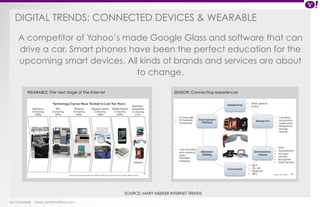 DIGITAL TRENDS: Connected devices & wearable 
A competitor of Yahoo’s made Google Glass and software that can 
drive a car. Smart phones have been the perfect education for the 
upcoming smart devices. All kinds of brands and services are about 
to change. 
WEARABLE: The next stage of the Internet SENSOR: Connecting experiences 
Ian Campbell Email: ian@4thofficial.com 
SOURCE: MARY MEEKER INTERNET TRENDS 
 