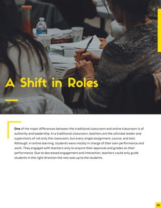 A Shift in Roles
One of the major differences between the traditional classroom and online classroom is of
authority and leadership. In a traditional classroom, teachers are the ultimate leader and
supervisors of not only the classroom, but every single assignment, course, and test.
Although, in online learning, students were mostly in charge of their own performance and
work. They engaged with teachers only to acquire their approval and grades on their
performance. Due to decreased engagement and interaction, teachers could only guide
students in the right direction the rest was up to the students.
05
 