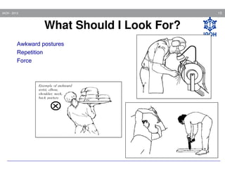 15

IAOH - 2013

What Should I Look For?
Awkward postures
Repetition
Force

15

 