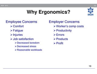 16

IAOH - 2013

Why Ergonomics?
Employee Concerns
Comfort
Fatigue
Injuries
Job satisfaction
Decreased boredom
Decreased stress
Reasonable workloads

Employer Concerns
Worker’s comp costs
Productivity
Errors
Products
Profit

16

 