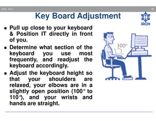 30

IAOH - 2013

Key Board Adjustment
Pull up close to your keyboard
& Position IT directly in front
of you.
Determine what section of the
keyboard you use most
frequently, and readjust the
keyboard accordingly.
Adjust the keyboard height so
that
your
shoulders
are
relaxed, your elbows are in a
slightly open position (100° to
110° and your wrists and
),
hands are straight.

 