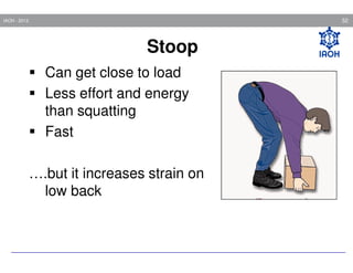 52

IAOH - 2013

Stoop
Can get close to load
Less effort and energy
than squatting
Fast
….but it increases strain on
low back

 