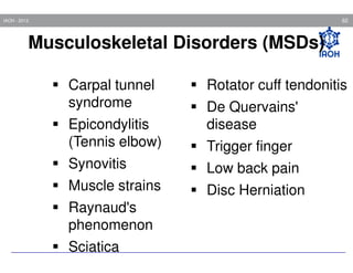 62

IAOH - 2013

Musculoskeletal Disorders (MSDs)
Carpal tunnel
syndrome
Epicondylitis
(Tennis elbow)

Rotator cuff tendonitis
De Quervains'
disease
Trigger finger

Synovitis

Low back pain

Muscle strains

Disc Herniation

Raynaud's
phenomenon
Sciatica

 