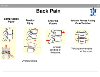68

IAOH - 2013

Back Pain
Compression
Injury

Tension
Injury

Shearing
Forces

forward
bending of
the spine,

Overstretching

Torsion Forces Acting
On A Vertebra

Twisting movements
of the spine

 