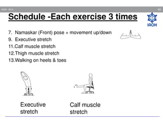 83

IAOH - 2013

Schedule -Each exercise 3 times
7. Namaskar (Front) pose + movement up/down
9. Executive stretch
11.Calf muscle stretch
12.Thigh muscle stretch
13.Walking on heels & toes

Executive
stretch

Calf muscle
stretch

 