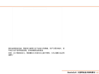 BeetleSoft 大型网站技术架构探讨 [12]
网站 展迅速，数据量大幅增大是当前最大的挑 ，用 分散各地区，某业务发 战 户
些地方用 响 很慢，影响体 和 展户访问 应 验 业务发
同 ，由于数据量 大，数据 存在本地内存已 不 ，分布式 存是必然时 过 缓 经 现实 缓
了选择
 