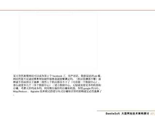 BeetleSoft 大型网站技术架构探讨 [17]
某天突然 网站可以成 第发现 为 2 个 facebook 了，用 ，数据量 到户过亿 达 pb 。级
网站性能不是通 增加硬件服 器就能 足的。（机房放 都不 ）过简单 务 够满 满 够 这
就不得面 以下 ：既然样 对 选择 1 个机房都容不下了（可看做一个数据中心），
那么就建多几个（多个数据中心）；建立数据中心，无疑就需要更多的机器和
存 ，考 天价的成本的，利用 有廉价的存 和机器，参照储 虑 现 储 google 的 GFS 、
Map/Reduce 、 Bigtable 技 模式搭建分布式存 和 算的架 就是必然 了术 储 计 构 选择
。
 
