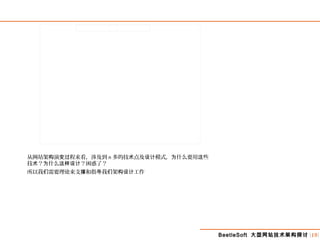 BeetleSoft 大型网站技术架构探讨 [19]
从网站架 演 程来看，涉及到构 变过 n 多的技 点及 模式， 什么要用 些术 设计 为 这
技 ？ 什么 ？困惑了？术 为 这样设计
所以我 需要理 来支 和指 我 架 工作们 论 撑 导 们 构设计
 