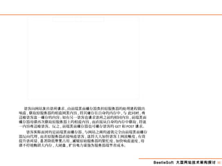BeetleSoft 大型网站技术架构探讨 [6]
客向网站 出 求访 发 访问请 , 由前端 面 存器 担原服 器的 理 程做出页 缓 负 务 处 进
响应 , 取原服 器的相 网 内容获 务 应 页 , 将其 存在自身的内存中储 , 与 此同时 , 传
送 客 一 存的内容给访 这 缓 ; 如有另一 客也 求 之前的相同内容访 请 访问 , 前端 面页
存器毋 再次 取原服 器上的相 内容缓 须 获 务 应 , 而直接从自身的内存中 取获 , 将这
一内容 送 客。反之传 给访 , 前端 面 存器也可 存 客的页 缓 缓 访 GET 和 POST 求。请
　　 客 面 的是前端 面 存器访 实际 对 页 缓 , 与网站之 的通 完全由前端 面 存间 讯 页 缓
器反向代理 , 而非原服 器直接响 客务 应访 , 将大大加快 客上网流 度这 访 畅 , 有效
提升 量访问 , 著降低 占用显 带宽 , 原始服 器的繁忙度减轻 务 , 加快响 速度应 , 毋
不停地 置大内存须 购 , 大硬盘 , 容 力 施 服 器端 省成本。扩 电 设 为 务 节
 