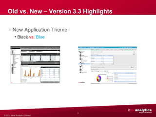 Old vs. New – Version 3.3 Highlights

         New Application Theme
           • Black vs. Blue




                                  3
© 2012 Ideal Analytics Limited.
 