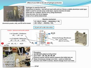net eqn
H2 fuel cell- acidic electrolyte
(-ve) (Anode) - Oxidation
2H2 → 4H+ + 4e−
+ ve (Cathode)- Reduction
4H+ + O2 + 4e− → 4H2O
2H2 + O2 → 2H2O O2
H2
PEM – made of Teflon
allow H+ ion to flow
Proton Exchange Membrane
H2O
Catalyst – platinum used anode/cathode
Effect of conc KOH on the rate of hydrogen production
Hydrogen is used for fuel cell.
Aluminium is reactive – but will not react with acid as it forms a stable aluminium oxde layer.
KOH is used to corrode away oxide layer, expose reactive AI metal.
KOH acts as a catalyst. Source of H2 using aluminium.
Find min conc, for rxn to happen.
Order of rxn will be determined.
Aluminium powder, strip, and foil will be tested
Al + 6H2O + 2KOH → 2K[AI(OH)4] + 3H2
2AI + 6H2O → 2AI(OH)3 + 3H2
Reaction mechanism
Procedure:
4ml 6M KOH added to 0.01g AI foil
Conc KOH – 2M, 3M, 4M, 5M, 6M
Pressure sensor will be used to measure the initial rate rxn.
Slope of pressure change over time – used as initial rate.
Assume conc KOH in excess, doesnt change much over time.
AI foil
 