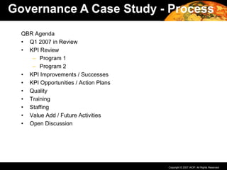 Copyright © 2007 IAOP. All Rights Reserved.
QBR Agenda
• Q1 2007 in Review
• KPI Review
– Program 1
– Program 2
• KPI Improvements / Successes
• KPI Opportunities / Action Plans
• Quality
• Training
• Staffing
• Value Add / Future Activities
• Open Discussion
Governance A Case Study - Process
 