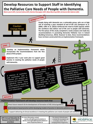 Support delivering of clinical excellence in meeting the palliative care needs of people with dementia
Implementation framework will develop resource tools that
Build evidence based practice whilst developing models of practice in dementia palliative care.
Direct future research & the development of formation of HSE clinical guidance.
Develop Resources to Support Staff in Identifying
the Palliative Care Needs of People with Dementia.
Marie Lynch (IHF), Carmel Collins (IHF), Deirdre Shanagher (IHF), Mary Manning (HSE ) & Grainne Mc Gettrick (ASI)
People dying with dementia are a vulnerable group, who are at high
risk of receiving a poor standard of end of life care (Sampson et al.
2006). Lliffe et al. (2013) reinforced the need to build capacity within
the workforce who deliver end of life care to people with dementia.
The first phase of this study completed a needs analysis and made key
recommendations in promoting Dementia Palliative Care in Ireland
(Building Consensus, 2013). However to date, these recommendations
have not been constructed into an implementation framework.
Develop an implementation framework which
incorporates the recommendations from the first
phase of this project.
Implement this 3 year work plan to support good
practice in meeting the palliative needs of people
with dementia.
2
3
1
1
2
Stigma
Caution
Change Ahead
The Atlantic Philanthropies,
a limited life foundation are
co-funders of the IHF’s
Changing Minds Programme.
For more information contact:
carmel.collins@hospicefoundation.ie
deirdre.shaanaghan@hospicefoundation.ie
www.hospicefoundation.ie
IAPC Annual Education &
Research Seminar 2014
6/2/2014
 