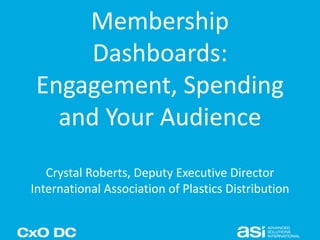 Membership 
Dashboards: 
Engagement, Spending 
and Your Audience 
Crystal Roberts, Deputy Executive Director 
International Association of Plastics Distribution 
 