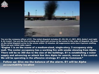 You are the company officer of E1. The initial dispatch includes E1, E2, E3, L1, BC1, BC2, Ambo1 and Light
& Air truck1. You are the first arriving unit. Each unit arrives to the scene in the order of dispatch. All units
on the initial dispatch arrive to the scene within 10 minutes. All suppression units have 4-person staffing.
Write out your initial radio report.
“Engine 1 is on the scene of a medium-sized, single-story, 3 occupancy strip
mall. The center occupancy has a working fire with smoke showing from Alpha.
There will be no 360 due to the size of the buildings. E1 is establishing a water
supply and advancing an attack line thru Alpha for search, rescue & fire control.
We will be operating in the offensive strategy. E1 will be Command.”
Follow up: Give me the balance of the alarm. E1 will be Alpha
accountability location
 