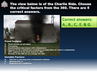 The view below is of the Charlie Side. Choose
the critical factors from the 360. There are 5
correct answers.
Fixed Factors:
A. Good access on all sides;
B. Two-story;
C. Small/medium-size house with a basement;
D. Appears to be a mixed-use occupancy (combination of retail & residential);
E. Attic appears to be clear based on 360;
F. Results of the 360 do not change the IAP;
G. The fire is showing from a basement window;
H. Working fire; or
I. Defensive fire conditions.
Variable Factors:
Correct answers:
A., B., C,. E. & G.
 