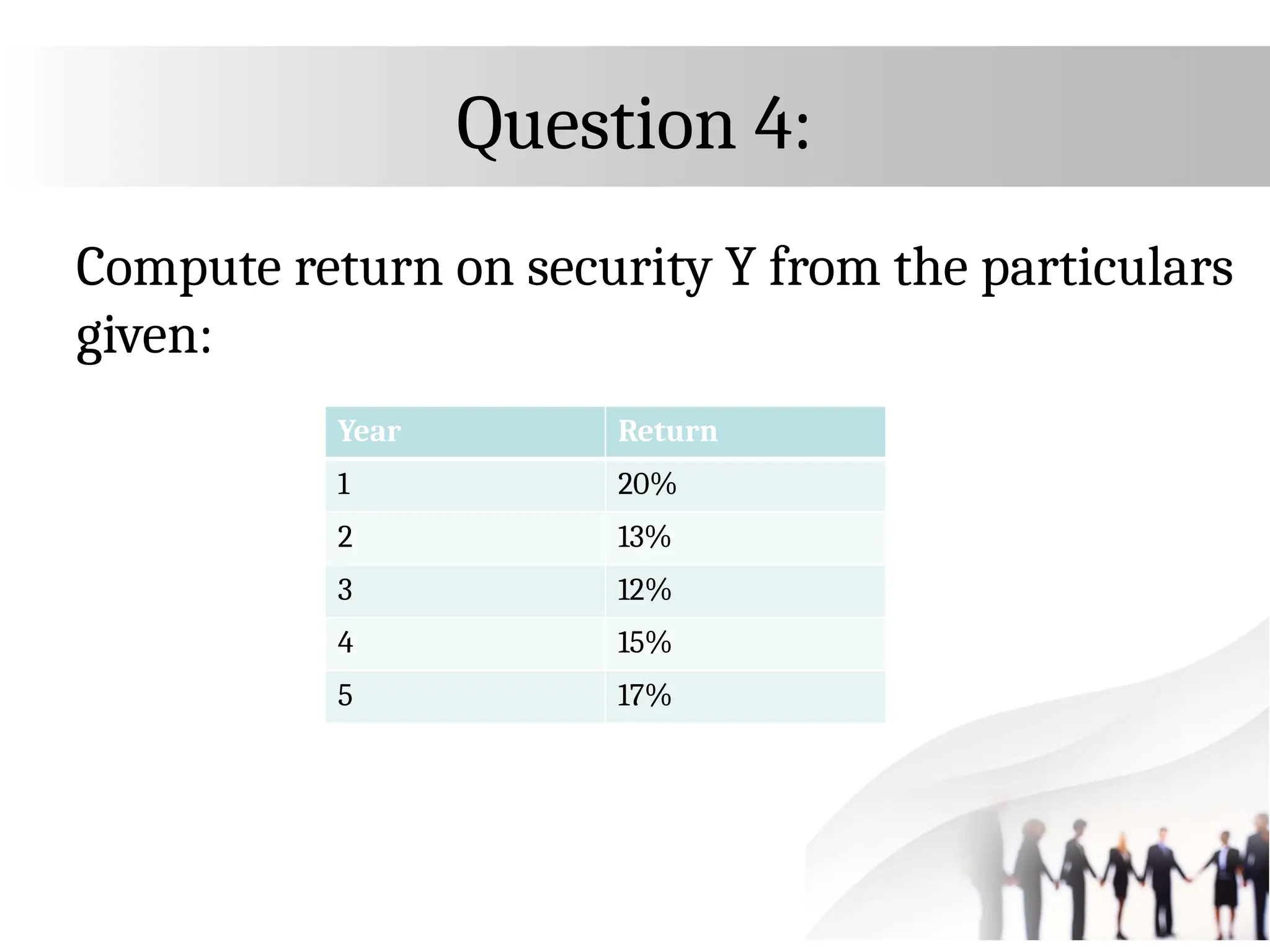 Question 4:
Compute return on security Y from the particulars
given:
Year Return
1 20%
2 13%
3 12%
4 15%
5 17%
 