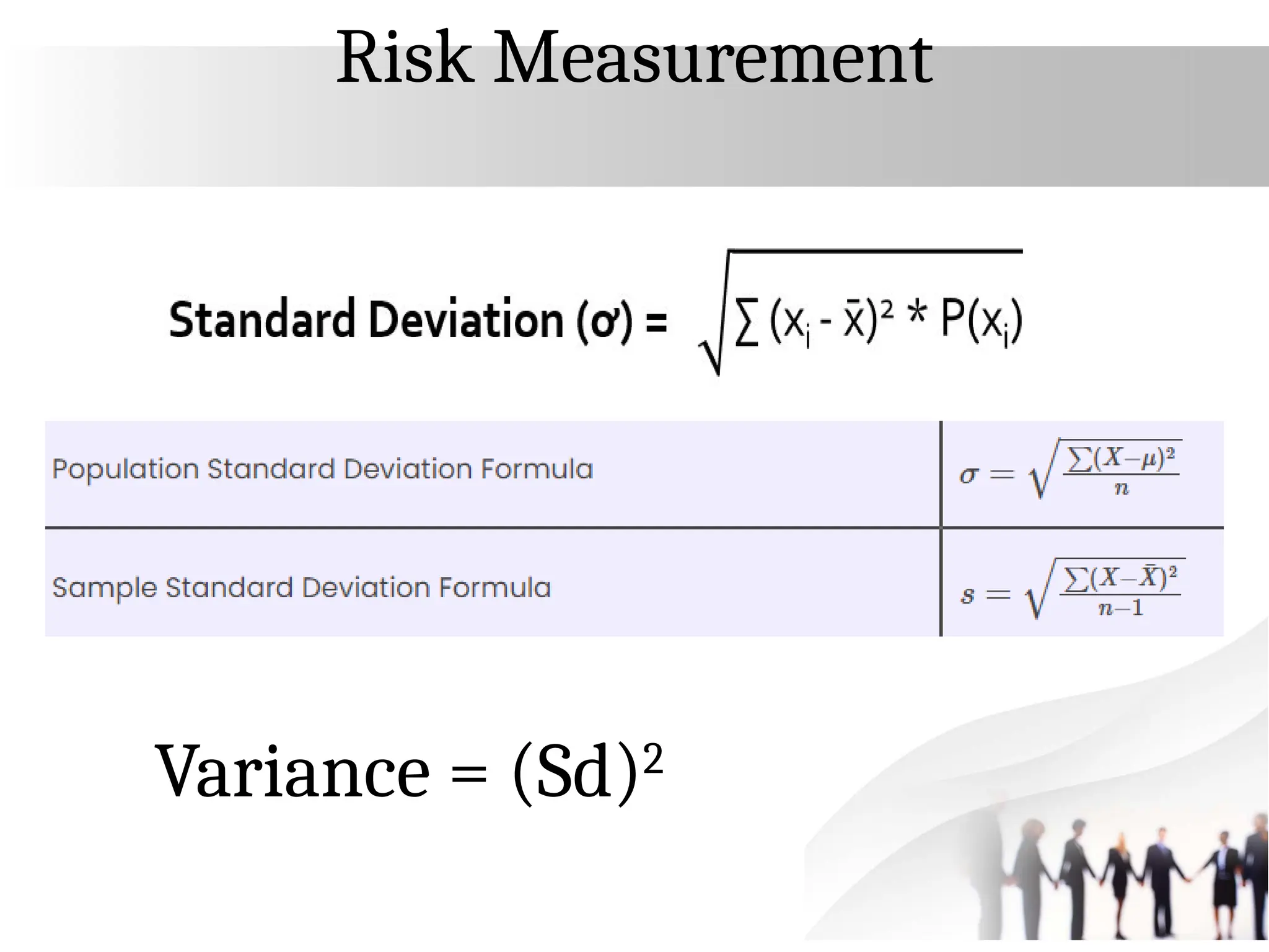 Risk Measurement
Variance = (Sd)2
 