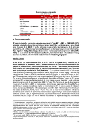 10
Crecimiento económico global
(Var. % real anual)
Fuente: FMI y proyecciones MEF.
a. Economías avanzadas
El crecimiento de las economías avanzadas pasaría de 5,2% en 2021 a 3,2% en 2022 (MMM: 4,0%)
afectado, principalmente, por las restricciones tanto a la actividad económica como a la movilidad
ante el rebrote de la COVID-19 en los primeros meses del año, la prolongación de la crisis de
suministros, y la política monetaria menos flexible para contrarrestar las presiones inflacionarias.
Para el periodo 2023 y 2025, el bloque de economías avanzadas crecería en promedio 2,0% (MMM:
1,9%), en un escenario de retiro de estímulos fiscales, normalización de la actividad económica y
ausencia de políticas para fomentar la productividad en el mediano y largo plazo.
Estados Unidos
El PBI de EE. UU. pasaría de crecer 5,7% en 2021 a 3,3% en 2022 (MMM: 4,0%), sostenido por el
sólido desempeño de la demanda interna y del mercado laboral, así como por la implementación del
paquete de infraestructura “Infrastructure Investment and Jobs Act”; pero limitado por las presiones
inflacionarias ante los mayores precios de energía, la política monetaria más restrictiva y el retraso
en la aprobación del paquete fiscal “Build Back Better”. En los primeros meses de 2022, los indicadores
de actividad económica se mantuvieron resilientes gracias al impulso del consumo privado y la solidez del
mercado laboral. En efecto, el PMI de manufactura5 pasó de 58,8 puntos en marzo a 59,7 puntos en abril6
y el PMI de servicios se mantuvo en el tramo expansivo y alcanzó 54,7 puntos en abril (marzo: 58,0 puntos).
Por su parte, el índice de confianza del consumidor de la Universidad de Michigan7 mejoró de 59,7 puntos
en marzo a 65,7 puntos en abril ante un contexto de mayor ingreso personal disponible8 y por la existencia
de un importante monto de ahorros privados (2021: 9,9% del PBI). Asimismo, la tasa de desempleo se
redujo de 3,8% en febrero a 3,6% en marzo, cercano al mínimo valor registrado en los últimos 50 años, y
las nóminas no agrícolas -indicador del empleo- se incrementaron en 431 mil nuevos puestos de trabajo en
marzo, alcanzando un total de 151 millones de empleos (diciembre 2021: 149 millones), principalmente, en
los estados de California, Florida, Texas y Nueva York, ante la mayor operatividad de las actividades
económicas por la ausencia de restricciones relacionadas con la pandemia9 y la escasez de mano de obra
calificada. Sumado a ello, la implementación del paquete de infraestructura denominado “Infrastructure
Investment and Jobs Act” por US$ 500 mil millones, el cual tendría un impacto de 0,5 puntos porcentuales
5 Purchasing Managers' Index o Índice de Gestores de Compras, es un indicador económico adelantado elaborado en base a
encuestas mensuales a ejecutivos de principales empresas del sector privado de un país para analizar el estado de los principales
impulsores económicos de la actividad tales como el PBI, la inflación, las exportaciones, el empleo, entre otros. El ponderado
resultante de la encuesta es un número, cuyo valor podrá encontrarse por encima (tramo expansivo de la economía) o por debajo
(tramo contractivo de la economía) de 50 puntos.
6 Dato preliminar para abril 2022.
7 El índice de confianza del consumidor de Michigan se basa en el resultado de una encuesta mensual de los niveles de confianza
del consumidor en EE. UU. realizada por la Universidad de Michigan (1T1966=100).
8 Se incrementó de US$ 18 276,3 mil millones en enero 2022 a US$ 18 360,8 mil millones en febrero 2022.
9 Según Bloomberg Vaccine Tracker, 65,1% de la población se encuentra completamente vacunada y 29,3% de la población tiene
la dosis de refuerzo.
2022 2023 2024 2025 2022 2023 2024 2025
Mundo 6,1 4,5 3,6 3,3 3,3 3,6 3,6 3,3 3,3
Eco. Avanzadas 5,2 4,0 2,2 1,8 1,6 3,2 2,4 1,8 1,7
EE. UU. 5,7 4,0 2,4 1,8 1,8 3,3 2,3 1,9 1,8
Zona euro 5,3 4,7 2,1 1,7 1,4 3,0 2,4 1,7 1,6
Eco. Emergentes y en Desarrollo 6,8 4,8 4,6 4,4 4,4 3,8 4,3 4,4 4,4
China 8,1 5,6 5,4 5,0 5,0 4,4 5,2 5,1 5,0
India 8,9 6,8 6,5 6,5 6,5 8,2 7,0 6,9 6,9
América Latina y el Caribe 6,8 2,9 2,5 2,4 2,4 2,5 2,4 2,4 2,3
Socios comerciales 6,3 4,3 3,3 3,0 2,9 3,6 3,3 3,0 3,0
2021
MMM IAPM
 