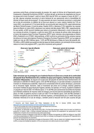 13
sanciones contra Rusia, principal proveedor de energía. Así, según el informe de la Organización para la
Cooperación y Desarrollo Económicos (OCDE)19, el precio del gas -en términos de megavatios por hora en
los países de la Unión Europea20- subió en marzo 2022 más de 700% con respecto a marzo de 202121; y
por ello, algunas empresas anunciaron el cierre temporal de sus operaciones ante la imposibilidad de
afrontar el mayor precio de la energía22. En este escenario de menor crecimiento económico y continuidad
de la crisis de suministros, la inflación de la Zona euro alcanzó un nuevo máximo histórico de 7,5% en
marzo 2022, y se ubicaría en 5,1% al cierre del año -por encima del valor meta de 2,0%- según estimaciones
del Banco Central Europeo. A nivel de países, España (9,8%) y Alemania (7,3%) registraron las mayores
tasas de inflación en marzo 2022 y alcanzaron sus valores más altos desde 1985 y 1981, respectivamente.
En ese sentido, el BCE anunció medidas para reducir el incremento inflacionario e inició la reducción de
sus compras de activos. Al respecto, a partir de marzo 2022, las compras de activos netos mensuales en
el marco del programa Asset Purchase Programme (APP)23 serán menores a las programadas en febrero
2022 y finalizarían en el 3T2022. Adicionalmente, el BCE confirmó la culminación de las compras masivas
de activos en el marco del programa Pandemic Emergency Purchase Programme (PEPP, por sus siglas en
inglés) por más de US$ 2 billones (aprox. 13,8% del PBI del bloque) a finales de marzo del presente año.
Por último, el BCE señaló que ajustaría al alza las tasas de interés posterior a la culminación de las compras
netas en el marco del programa APP, y que dicho incremento sería gradual24.
Zona euro: tasa de inflación
(Var. % anual)
Zona euro: precio de la energía
(US$/MWh; US$/barril)
Fuente: Bloomberg y OCDE.
Cabe mencionar que se proseguirá con el estímulo fiscal en la Zona euro a través de la continuidad
del paquete fiscal NextGeneration EU y medidas de apoyo para hogares y familias ante las mayores
presiones inflacionarias. Se seguirá con la ejecución del paquete de estímulo fiscal NextGeneration EU
valorizado en US$ 800 mil millones (aprox. 5,5% del PBI del bloque), el cual está orientado a proyectos de
inversión en infraestructura sostenible, mejora de la conectividad entre los países del bloque y promoción
de la innovación digital. Asimismo, dado el incremento del precio de la energía, diversos gobiernos
anunciaron medidas de apoyo fiscal para hogares y familias. Por ejemplo, en Francia, el gobierno estableció
un paquete por más de US$ 3 mil millones (aprox. 0,1% del PBI) para subvencionar las tarifas de empresas
que enfrentan problemas de mayores costos de energía y de insumos para las actividades de agricultura y
pesca. En Italia, el gobierno anunció un plan por US$ 17,6 mil millones (aprox. 0,8% del PBI) orientado a
subsidios energéticos para las familias de menores ingresos y al financiamiento de un crédito fiscal para
empresas intensivas en el uso de energía, y también prevé la reducción del IGV para usuarios del gas
19 Economic and Social Impacts and Policy Implications of the War in Ukraine (OCDE, marzo 2022).
https://www.oecd.org/economy/Interim-economic-outlook-report-march-2022.pdf
20 El 70% de los países de la Unión Europa están dentro del bloque de la Zona euro.
21 Última fecha de lectura fue el 14 de marzo de 2022.
22 Por ejemplo, los fabricantes de papel Norske Skog ASA y Pro-Gest SpA paralizaron desde inicios de marzo sus plantas de
producción en Austria e Italia, y diversas empresas siderúrgicas como Acerinox SA suspendieron las operaciones en varias
instalaciones en España ante el incremento de los costos de la energía.
23 Las primeras compras se realizarán en abril 2022 por US$44 mil millones, las siguientes por US$33 mil millones en mayo 2022
y las últimas programadas por US$22 mil millones en junio 2022; sin embargo, la prolongación del programa APP dependerá de la
evolución de las perspectivas de crecimiento.
24 La tasa de interés de las operaciones principales de financiación (0,00%), tasa de interés de la facilidad marginal de crédito
(0,25%) y la tasa de la facilidad de depósito (-0,0%) se mantuvieron en la última reunión de marzo del BCE.
7,3
4,5
6,5
9,8
7,4
-2
0
2
4
6
8
10
12
Ene-20 Jun-20 Nov-20 Abr-21 Set-21 Mar-22
Alemania
Francia
Italia
España
Zona euro
249
120
146
121
0
40
80
120
160
0
50
100
150
200
250
300
Ene-20 Set-20 Jun-21 Mar-22
Gas (eje izq.) Petróleo Brent (eje der.)
 