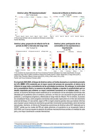 17
América Latina: PBI desestacionalizado1
(Var. % real anual)
Avance de la inflación en América Latina
(Var. % anual)
1/ Para el caso de Brasil, solo se considera la información a enero 2022.
Fuente: Bloomberg.
América Latina: proyección de inflación de fin de
periodo de 20221 e intervalos del rango meta
(Var. % anual; %)
América Latina: participación de los
commodities en las exportaciones e
importaciones
(% del PBI)
1/ Se consideran las proyecciones del Latin Focus Consensus Forecast realizadas en los meses especificados. En lo que
respecta al rango meta, la gráfica considera la media de los límites superior e inferior. Brasil tiene un rango entre [2,25% y
5,25%]; Chile, Colombia y México lo tienen entre [2,0% y 4,0%]; y Perú, entre [1,0% y 3,0%]
Fuente: Latin Focus Consensus Forecast y BofA.
En el periodo 2023-2025, el bloque de América Latina y el Caribe alcanzaría un crecimiento promedio
de 2,4% (MMM: 2,5%) sostenido por el mayor avance del proceso de vacunación, el retorno de la
inflación al rango meta y normalización de las actividades económicas. Sin embargo, la continuidad
de la consolidación fiscal y la ausencia de políticas dirigidas a impulsar la productividad será un
desafío importante para sostener un mayor crecimiento económico en el mediano plazo. En este
periodo, la economía del bloque estará sostenida por la normalización de las actividades económicas más
afectadas por la pandemia como el comercio y servicios, en línea con una vacunación de gran parte de la
población, y convergencia progresiva y diferenciada al rango meta de inflación. Por el contrario, el proceso
de consolidación fiscal y cierre progresivo de brechas estructurales repercutirán en el ritmo del crecimiento
potencial del bloque. En ese sentido, según el FMI, la región presenta grandes retos que implican reformas
para impulsar nuevos motores de crecimiento que permitan incrementar la productividad y cierre de brechas
estructurales. Asimismo, el informe de Perspectivas económicas de América Latina 2021 elaborado por la
OCDE37 señala que los niveles del PBI per cápita anteriores a la pandemia no se recuperarán hasta el
2023-2024, por lo que se requiere la adopción de políticas macroeconómicas acordes a la realidad de cada
país y una mayor coordinación a escala internacional.
37 Perspectivas económicas de América Latina 2021. “Avanzando juntos hacia una mejor recuperación” (OCDE, diciembre 2021).
https://www.oecd-ilibrary.org/docserver/2958a75d-
es.pdf?expires=1648054776&id=id&accname=guest&checksum=A7051160E666B088AB7D964D4D430D30
4,9
6,0
-0,3
7,9
2,7
-60
-40
-20
0
20
40
60
80
Ene-20 May-20 Set-20 Ene-21 May-21 Set-21 Feb-22
Perú Chile Brasil Colombia México
6,8
9,4
11,3
8,5
7,5
0
2
4
6
8
10
12
Mar-14 Jul-15 Nov-16 Mar-18 Jul-19 Nov-20 Mar-22
Perú Chile Brasil Colombia México
9,4
4,4
5,2 4,7 4,3
3,5
11,1
6,6 6,4 6,2
5,6
4,1
3,0
3,75
3,0 3,0
2,0
América
Latina
Colombia Brasil Chile México Perú
Proyección de feb-22 Proyección de abr-22 Rango meta
0
5
10
15
20
25
Exp. Imp. Exp. Imp. Exp. Imp. Exp. Imp. Exp. Imp.
Brasil Chile Colombia México Perú
Combustibles Alimentos Minería
 