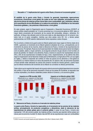 18
Recuadro n.º 1: Implicancias de la guerra entre Rusia y Ucrania en la economía global
El estallido de la guerra entre Rusia y Ucrania ha generado importantes repercusiones
económicas y financieras a nivel global, las cuales se han visto reflejadas, principalmente, en el
alza de los precios de materias primas claves tales como combustibles, gas y alimentos; además,
de la exacerbación de las dificultades en la cadena de suministros, la volatilidad en los mercados
financieros globales, y las presiones inflacionarias a nivel global.
En este contexto, según la Organización para la Cooperación y Desarrollo Económicos (OCDE)38, el
actual conflicto restaría alrededor de 1,0 punto porcentual (p.p.) a la economía global en 2022, dado un
mayor efecto proveniente del incremento de los precios del combustible, energía y alimentos. En
particular, el bloque más afectado sería la Zona euro dada su alta dependencia con el comercio ruso,
sobre todo en el sector energético; mientras que otros países como EE. UU. y demás países
pertenecientes a la OCDE estarían relativamente menos expuestos a estos choques.
Por el contrario, el efecto de la guerra sobre la inflación global sería mayor según el informe citado de la
OCDE, y generaría un incremento de la inflación global en alrededor de 2,0 p.p., principalmente, por el
incremento de precios de los insumos, dada la relevancia de Rusia y Ucrania en las exportaciones de
estos insumos. Por ejemplo, Rusia es el principal exportador de metales claves para el sector tecnológico
como el paladio, platino y níquel; asimismo, es el segundo productor de gas natural a nivel mundial y el
tercero de petróleo. En relación a los alimentos, Rusia y Ucrania en conjunto han representado cerca de
30% y 20% de las exportaciones mundiales de trigo y maíz, respectivamente, en los últimos tres años
según la Organización de las Naciones Unidas para la Alimentación y la Agricultura (FAO, por sus siglas
en inglés), y debido al desarrollo del conflicto el índice de precios de los alimentos a nivel global se
incrementó a su máximo histórico en marzo del presente año. En adición a ello, las sanciones impuestas
a Rusia también están afectando los precios del comercio mundial de manera general y podría hacer
que los efectos transitorios del incremento de la inflación se conviertan en efectos permanentes.
Cabe indicar que la magnitud del impacto de la guerra sobre la economía global dependerá de la duración
del conflicto, el tipo de las sanciones impuestas a Rusia por los países de Occidente, la respuesta rusa
a dichas represalias y los efectos colaterales puedan afectar al comercio y a la economía global.
Impacto en el PBI mundial, 2022
(Diferencial en p.p. respecto a la línea base)
Impacto en la inflación global, 2022
(Diferencial en p.p. respecto a la línea base)
Fuente: OCDE.
❖ Relevancia de Rusia y Ucrania en el mercado de materias primas
La guerra entre Rusia y Ucrania ha repercutido en el incremento de los precios de las materias
primas, principalmente, de productos energéticos y alimenticios, dada la relevancia de las
exportaciones de ambos países para el comercio global. A pesar de que Rusia y Ucrania solo
representan 1,9% del comercio global, las materias primas e insumos que exportan dichos países son
claves para la economía mundial. En efecto más del 50% de las exportaciones rusas son combustibles
38 OCDE: Economic and social impacts and poly implications of the War in Ukraine (march, 2022)
-1,6
-1,4
-1,2
-1,0
-0,8
-0,6
-0,4
-0,2
0,0
Zona euro OCDE EE.UU. Mundo Mundo sin
Rusia
Por demanda interna de Rusia + choques financieros
Por precios de las materias primas
Total
-0,5
0,0
0,5
1,0
1,5
2,0
2,5
3,0
Zona euro OCDE EE.UU. Mundo Mundo sin
Rusia
Por demanda interna de Rusia + choques financieros
Por precios de las materias primas
Total
 