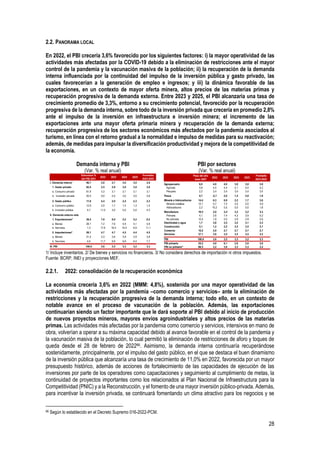 28
2.2. PANORAMA LOCAL
En 2022, el PBI crecería 3,6% favorecido por los siguientes factores: i) la mayor operatividad de las
actividades más afectadas por la COVID-19 debido a la eliminación de restricciones ante el mayor
control de la pandemia y la vacunación masiva de la población; ii) la recuperación de la demanda
interna influenciada por la continuidad del impulso de la inversión pública y gasto privado, las
cuales favorecerían a la generación de empleo e ingresos; y iii) la dinámica favorable de las
exportaciones, en un contexto de mayor oferta minera, altos precios de las materias primas y
recuperación progresiva de la demanda externa. Entre 2023 y 2025, el PBI alcanzaría una tasa de
crecimiento promedio de 3,3%, entorno a su crecimiento potencial, favorecido por la recuperación
progresiva de la demanda interna, sobre todo de la inversión privada que crecería en promedio 2,8%
ante el impulso de la inversión en infraestructura e inversión minera; el incremento de las
exportaciones ante una mayor oferta primaria minera y recuperación de la demanda externa;
recuperación progresiva de los sectores económicos más afectados por la pandemia asociados al
turismo, en línea con el retorno gradual a la normalidad e impulso de medidas para su reactivación;
además, de medidas para impulsar la diversificación productividad y mejora de la competitividad de
la economía.
Demanda interna y PBI
(Var. % real anual)
PBI por sectores
(Var. % real anual)
1/ Incluye inventarios. 2/ De bienes y servicios no financieros. 3/ No considera derechos de importación ni otros impuestos.
Fuente: BCRP, INEI y proyecciones MEF.
2.2.1. 2022: consolidación de la recuperación económica
La economía crecería 3,6% en 2022 (MMM: 4,8%), sostenida por una mayor operatividad de las
actividades más afectadas por la pandemia –como comercio y servicios– ante la eliminación de
restricciones y la recuperación progresiva de la demanda interna; todo ello, en un contexto de
notable avance en el proceso de vacunación de la población. Además, las exportaciones
continuarían siendo un factor importante que le dará soporte al PBI debido al inicio de producción
de nuevos proyectos mineros, mayores envíos agroindustriales y altos precios de las materias
primas. Las actividades más afectadas por la pandemia como comercio y servicios, intensivos en mano de
obra, volverían a operar a su máxima capacidad debido al avance favorable en el control de la pandemia y
la vacunación masiva de la población, lo cual permitió la eliminación de restricciones de aforo y toques de
queda desde el 28 de febrero de 202266. Asimismo, la demanda interna continuaría recuperándose
sostenidamente, principalmente, por el impulso del gasto público, en el que se destaca el buen dinamismo
de la inversión pública que alcanzaría una tasa de crecimiento de 11,0% en 2022, favorecida por un mayor
presupuesto histórico, además de acciones de fortalecimiento de las capacidades de ejecución de las
inversiones por parte de los operadores como capacitaciones y seguimiento al cumplimiento de metas, la
continuidad de proyectos importantes como los relacionados al Plan Nacional de Infraestructura para la
Competitividad (PNIC) y a la Reconstrucción, y el fomento de una mayor inversión público-privada. Además,
para incentivar la inversión privada, se continuará fomentando un clima atractivo para los negocios y se
66 Según lo establecido en el Decreto Supremo 016-2022-PCM.
2022 2023 2024 2025
Promedio
2023-2025
I. Demanda interna¹ 96,7 2,8 2,7 3,0 3,0 2,9
1. Gasto privado 82,4 2,5 2,9 3,0 3,0 3,0
a. Consumo privado 61,9 3,3 3,1 3,1 3,1 3,1
b. Inversión privada 20,5 0,0 2,5 3,0 3,0 2,8
2. Gasto público 17,6 4,4 2,0 2,4 2,3 2,3
a. Consumo público 12,9 2,0 1,7 1,4 1,3 1,5
b. Inversión pública 4,7 11,0 3,0 5,0 5,0 4,3
II. Demanda externa neta
1. Exportaciones² 29,4 7,8 8,0 5,2 5,2 6,2
a. Bienes 28,1 7,2 7,6 4,9 5,1 5,9
b. Servicios 1,3 17,6 16,0 10,4 6,9 11,1
2. Importaciones² 26,1 4,7 4,7 4,5 4,4 4,5
a. Bienes 21,5 3,3 3,6 3,9 3,9 3,8
b. Servicios 4,6 11,7 9,9 6,8 6,4 7,7
III. PBI 100,0 3,6 3,5 3,3 3,2 3,3
Estructura %
del PBI 2021 2022 2023 2024 2025
Promedio
2023-2025
Agropecuario 6,0 4,0 4,0 3,8 3,8 3,8
Agrícola 3,8 4,5 4,4 4,1 4,0 4,2
Pecuario 2,2 3,4 3,4 3,4 3,4 3,4
Pesca 0,7 -2,7 2,0 1,4 2,0 1,8
Minería e hidrocarburos 14,4 6,3 6,9 2,2 1,7 3,6
Minería metálica 12,1 5,7 7,2 2,5 2,0 3,9
Hidrocarburos 2,2 10,2 5,5 0,0 0,0 1,8
Manufactura 16,5 2,0 3,4 3,3 3,2 3,3
Primaria 4,1 2,6 7,4 4,2 3,9 5,2
No primaria 12,4 1,8 2,0 2,9 2,9 2,6
Electricidad y agua 1,7 3,6 3,5 3,2 3,1 3,3
Construcción 5,1 1,2 2,2 3,5 3,5 3,1
Comercio 10,2 2,9 2,7 2,7 2,7 2,7
Servicios 37,1 3,8 3,5 3,5 3,5 3,5
PBI 100,0 3,6 3,5 3,3 3,2 3,3
PBI primario 25,2 4,9 6,1 2,9 2,6 3,9
PBI no primario³ 66,5 3,2 3,0 3,3 3,3 3,2
Peso del año
base 2007
 