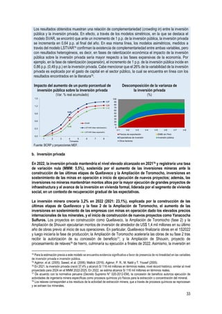 33
Los resultados obtenidos muestran una relación de complementariedad (crowding in) entre la inversión
pública y la inversión privada. En efecto, a través de los modelos simétricos, en la que se destaca el
modelo SVAR, se encontró que ante un incremento de 1 p.p. de la inversión pública, la inversión privada
se incrementa en 0,64 p.p. al final del año. En esa misma línea, los modelos asimétricos, medidos a
través del modelo LSTVAR74 confirman la existencia de complementariedad entre ambas variables, pero
con resultados heterogéneos, es decir, en fases de ralentización económica el impacto de la inversión
pública sobre la inversión privada sería mayor respecto a las fases expansivas de la economía. Por
ejemplo, en la fase de ralentización (expansión), el incremento de 1 p.p. de la inversión pública incide en
0,86 p.p. (0,49 p.p.) en la inversión privada. Cabe mencionar que el 26% de la variabilidad de la inversión
privada es explicada por el gasto de capital en el sector público, la cual se encuentra en línea con los
resultados encontrados en la literatura75.
Impacto del aumento de un punto porcentual de
inversión pública sobre la inversión privada
(Var. % real acumulado)
Descomposición de la varianza de
la inversión privada
(%)
Fuente: BCRP y proyecciones MEF.
b. Inversión privada
En 2022, la inversión privada mantendría el nivel elevado alcanzado en 202176 y registraría una tasa
de variación nula (MMM: 5,5%), sostenida por el aumento de las inversiones mineras ante la
construcción de las últimas etapas de Quellaveco y la Ampliación de Toromocho, inversiones en
sostenimiento de las minas en operación e inicio de ejecución de nuevos proyectos; además, las
inversiones no mineras mantendrían montos altos por la mayor ejecución de grandes proyectos de
infraestructura y el avance de la inversión en vivienda formal, liderada por el segmento de vivienda
social, en un contexto de recuperación gradual de las expectativas.
La inversión minera crecería 3,2% en 2022 (2021: 23,1%), explicada por la construcción de las
últimas etapas de Quellaveco y la fase 2 de la Ampliación de Toromocho, el aumento de las
inversiones en sostenimiento de las empresas con minas en operación dado los elevados precios
internacionales de los minerales, y el inicio de construcción de nuevos proyectos como Yanacocha
Sulfuros. Los proyectos en construcción como Quellaveco, la Ampliación de Toromocho (fase 2) y la
Ampliación de Shouxin ejecutarían montos de inversión de alrededor de US$ 1,4 mil millones en su último
año de obras previo al inicio de sus operaciones. En particular, Quellaveco finalizaría obras en el 1S2022
y luego iniciaría la fase de producción; la Ampliación de Toromocho aceleraría las obras de su fase 2 tras
recibir la autorización de su concesión de beneficio77; y la Ampliación de Shouxin, proyecto de
procesamiento de relaves78 de hierro, culminaría su ejecución a finales de 2022. Asimismo, la inversión en
74 Para la estimación previa a este modelo se encuentra evidencia significativa a favor de presencia de no linealidad en las variables
de inversión privada e inversión pública.
75 Agénor, et al. (2005); Saeed, et al. (2006); Mallick (2016), Agénor, P. R., M. Nabli y T. Yousef (2005).
76 En 2021, la inversión privada creció 37,4% y alcanzó S/ 116 mil millones en términos reales, nivel récord histórico, similar al nivel
proyectado para 2024 en el MMM 2022-2025. En 2022, se estima alcance S/ 116 mil millones en términos reales.
77 De acuerdo con la normativa peruana (Decreto Supremo N° 020-2012-EM), la concesión de beneficio autoriza ejecución de
actividades de ingeniería minera específicas como procesos químicos y/o físicos para la extracción o concentración del mineral.
78 Los relaves corresponden a los residuos de la actividad de extracción minera, que a través de procesos químicos se reprocesan
y se extraen los minerales.
0,64
1,23
0,86
1,37
0,49
1,12
0,0
0,3
0,6
0,9
1,2
1,5
1 2 3 4 5 6 7 8
Trimestre
SVAR
LSTVAR (fase ralentización)
LSTVAR (fase expansión)
0
10
20
30
40
50
60
70
80
90
100
t+1 t+2 t+3 t+4 t+5 t+6 t+7 t+8
Precios de exportación EMBI sin Perú
Expectativas de inversión Inversión pública
Otros factores
 