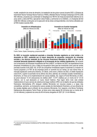 35
muelle, ampliación de zonas de almacén y la instalación de dos grúas nuevas) durante 2022; v) Enlaces de
transmisión Nueva Yanango-Nueva Huánuco (YANA) y Mantaro-Nueva Yanango-Carapongo (COYA) (US$
592 millones), proyectos que contemplan el despliegue de 788 Km de líneas de transmisión eléctrica en la
zona centro y selva del Perú, ejecutarían obras finales y culminarían en el 2S2022; y vi) Autopista del Sol
(US$ 493 millones) continuaría con la ejecución de las obras correspondientes a los tramos afectados por
el FEN Costero durante 2022.
Inversión en infraestructura
(Miles de millones de US$)
Inversión en el sector transporte
(Miles de millones de US$)
Fuente: Ositran, Osiptel, Osinergming y proyecciones MEF
En 2022, la inversión residencial asociada a viviendas formales registraría un nivel similar a lo
alcanzado en 2021, sostenida por el mayor desarrollo de proyectos, promoción de viviendas
sociales y los ahorros restantes de los recursos financieros liberados en 2021, en línea con la
creciente demanda hipotecaria reflejada en el incremento de los créditos hipotecarios. De acuerdo
con la Asociación de Empresas Inmobiliarias del Perú (ASEI)82, en febrero de 2022, las expectativas de las
empresas inmobiliarias en Lima y Callao se recuperaron tanto para las inversiones como para las ventas
previstas durante el año 2022. Así, el 52% de compañías inmobiliarias espera incrementar su inversión en
nuevos proyectos y el 78% de las empresas prevé un aumento de sus ventas. En esa misma línea, el
mercado hipotecario continuaría dinámico. En efecto, entre enero y febrero de 2022, el crédito hipotecario
creció 8,0%, superior al promedio de los últimos dos años; además, las viviendas sociales mantendrán su
dinamismo, en línea con la implementación de nuevas medidas. Así, según el Fondo Mivivienda, en 2022,
se prevé alcanzar 13 mil colocaciones de créditos (2021: 12 871 créditos) por un monto de S/ 1,8 mil
millones, con lo cual alcanzaría un nuevo récord histórico. Para lograr dicho nivel, esta entidad
implementaría el nuevo servicio de cobertura de riesgo crediticio (CRC) con el objetivo de que las entidades
financieras intermediarias (IFI) otorguen créditos Mivivienda con recursos propios y a tasas más
competitivas; asimismo, se incorporaría nuevos canales de intermediación financiera y el uso eficiente de
los canales digitales para la difusión de los productos Mivivienda. Con respecto a los Bonos Familiares
Habitaciones del programa Techo Propio, se tiene como meta asignar 80 mil bonos (por un monto de S/
2,4 mil millones) y superaría los cerca de 48 mil bonos otorgados en 2021 (S/ 1,4 mil millones).
82 La Asociación de Empresas Inmobiliarias del Perú (ASEI) abarca a más de 160 empresas inmobiliarias afiliadas y 718 proyectos
inmobiliarios.
1,8
2,3
3,2
3,8
4,9
5,7
2,6
2,2
2,8
1,8
2,6
3,3
2011 2015 2019 2022
0,0
0,2
0,4
0,6
0,8
1,0
2011 2013 2015 2017 2019 2021
Ferrocarriles Puertos Aeropuertos Carreteras
 