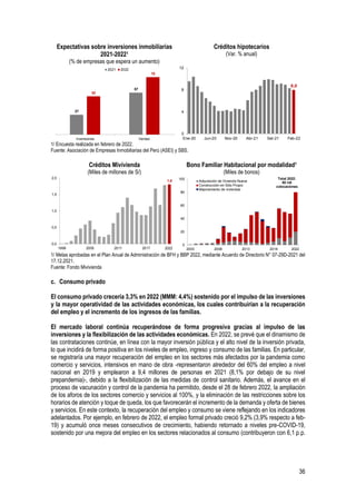 36
Expectativas sobre inversiones inmobiliarias
2021-20221
(% de empresas que espera un aumento)
Créditos hipotecarios
(Var. % anual)
1/ Encuesta realizada en febrero de 2022.
Fuente: Asociación de Empresas Inmobiliarias del Perú (ASEI) y SBS.
Créditos Mivivienda
(Miles de millones de S/)
Bono Familiar Habitacional por modalidad1
(Miles de bonos)
1/ Metas aprobadas en el Plan Anual de Administración de BFH y BBP 2022, mediante Acuerdo de Directorio N° 07-29D-2021 del
17.12.2021.
Fuente: Fondo Mivivienda
c. Consumo privado
El consumo privado crecería 3,3% en 2022 (MMM: 4,4%) sostenido por el impulso de las inversiones
y la mayor operatividad de las actividades económicas, los cuales contribuirían a la recuperación
del empleo y el incremento de los ingresos de las familias.
El mercado laboral continúa recuperándose de forma progresiva gracias al impulso de las
inversiones y la flexibilización de las actividades económicas. En 2022, se prevé que el dinamismo de
las contrataciones continúe, en línea con la mayor inversión pública y el alto nivel de la inversión privada,
lo que incidirá de forma positiva en los niveles de empleo, ingreso y consumo de las familias. En particular,
se registraría una mayor recuperación del empleo en los sectores más afectados por la pandemia como
comercio y servicios, intensivos en mano de obra -representaron alrededor del 60% del empleo a nivel
nacional en 2019 y emplearon a 9,4 millones de personas en 2021 (8,1% por debajo de su nivel
prepandemia)-, debido a la flexibilización de las medidas de control sanitario. Además, el avance en el
proceso de vacunación y control de la pandemia ha permitido, desde el 28 de febrero 2022, la ampliación
de los aforos de los sectores comercio y servicios al 100%, y la eliminación de las restricciones sobre los
horarios de atención y toque de queda, los que favorecerán el incremento de la demanda y oferta de bienes
y servicios. En este contexto, la recuperación del empleo y consumo se viene reflejando en los indicadores
adelantados. Por ejemplo, en febrero de 2022, el empleo formal privado creció 9,2% (3,9% respecto a feb-
19) y acumuló once meses consecutivos de crecimiento, habiendo retornado a niveles pre-COVID-19,
sostenido por una mejora del empleo en los sectores relacionados al consumo (contribuyeron con 6,1 p.p.
27
57
52
78
Inversiones Ventas
2021 2022
8,0
0
4
8
12
Ene-20 Jun-20 Nov-20 Abr-21 Set-21 Feb-22
1,8
0,0
0,5
1,0
1,5
2,0
1999 2005 2011 2017 2022
0
20
40
60
80
100
2003 2008 2013 2018
Adquisición de Vivienda Nueva
Construcción en Sitio Propio
Mejoramiento de viviendas
Total 2022:
80 mil
colocaciones
2022
 