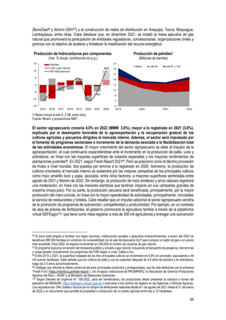 44
(BonoGas96 y Ahorro GNV97) y la construcción de redes de distribución en Arequipa, Tacna, Moquegua,
Lambayeque, entre otras. Cabe destacar que, en diciembre 2021, se instaló la mesa ejecutiva de gas
natural que promoverá la participación de entidades reguladoras, concesionarias, organizaciones civiles y
gremios con el objetivo de acelerar y fortalecer la masificación del recurso energético.
Producción de hidrocarburos por componentes
(Var. % anual, contribución en p.p.)
Producción de petróleo1
(Millones de barriles)
1/ Resto incluye el lote X, Z 2B, entre otros.
Fuente: Minem y proyecciones MEF.
El sector agropecuario crecería 4,0% en 2022 (MMM: 3,8%), mayor a lo registrado en 2021 (3,8%),
explicado por el desempeño favorable de la agroexportación y la recuperación gradual de los
cultivos agrícolas y pecuarios dirigidos al mercado interno. Además, el sector será impulsado por
el fomento de programas sectoriales e incremento de la demanda asociada a la flexibilización total
de las actividades económicas. El mayor crecimiento del sector agropecuario se debe al impulso de la
agroexportación, el cual continuaría expandiéndose ante el incremento en la producción de palta, uvas y
arándanos, en línea con las mayores superficies de cosecha esperadas y los mayores rendimientos de
plantaciones juveniles98. En 2021, según Fresh Report 202199, Perú se posicionó como el décimo proveedor
de frutas a nivel mundial, dos puestos por encima a lo registrado en 2020. Asimismo, la producción de
cultivos orientados al mercado interno se sostendrá por las mejores campañas de los principales cultivos
como maíz amarillo duro y papa, asociada, entre otros factores, a mayores superficies sembradas entre
agosto de 2021 y febrero de 2022. Sin embargo, la producción de maíz amiláceo y arroz cáscara registrará
una moderación, en línea con las menores siembras que tendrían impacto en sus campañas grandes de
cosecha (mayo-julio). Por su parte, la producción pecuaria será beneficiada, principalmente, por la mayor
producción del rubro avícola, en línea con la mayor operatividad de actividades, principalmente, vinculadas
al servicio de restaurantes y hoteles. Cabe resaltar que un impulso adicional al sector agropecuario vendría
de la promoción de programas de subvención, competitividad y productividad. Por ejemplo, en un contexto
de alza de precios de fertilizantes, el gobierno promoverá la agricultura familiar a través de la plataforma
virtual SEFEagro100, que tiene como meta registrar a más de 300 mil agricultores y entregar una subvención
96 El bono está dirigido a familias con bajos recursos, instituciones sociales y pequeños emprendimientos. a enero del 2022 se
benefician 895 000 familias en condición de vulnerabilidad con el vale de descuento GLP para comprar un balón de gas a un precio
más accesible. Para 2022, se espera incrementar en 250,000 el número de usuarios de gas natural.
97 El programa busca la conversión del transporte público y privado a gas natural, incluyendo al transporte de pasajeros, mercancías
y carga pesada. Actualmente, los programas del FISE llegan a Lima, Callao e Ica.
98 Entre 2015 y 2021, la superficie instalada de los tres principales cultivos se incrementó en 6,9% en promedio, equivalente a 48
mil nuevas hectáreas. Cabe señalar que los cultivos de palta y uva se cosechan después de 3-4 años de siembra y en arándanos,
luego de 2-3 años aproximadamente.
99 Catálogo que difunde la oferta comercial del país (principales productos y protagonistas), que ha sido elaborado por la empresa
“Fresh Fruit” (https://freshfruit.pe/fresh-report/ ), con el apoyo institucional de PROMPERU, la Asociación de Gremios Productores
Agrarios del Perú – AGAP y el Ministerio de Relaciones Exteriores.
100 Según Decreto de Urgencia N° 106-2022, para ser beneficiarios, los productores deben presentar la solicitud a través del
aplicativo del MIDAGRI: https://sefeagro.midagri.gob.pe o acercarse a los centros de registro en las Agencias y Oficinas Agrarias.
Los requisitos son: DNI, boleta o factura por la compra de fertilizantes realizada desde el 1 de agosto de 2021 hasta el 31 de marzo
de 2022 y un documento que acredite la propiedad o conducción de un predio agrícola entre dos a 10 hectáreas.
-4,6
10,2
-15
-10
-5
0
5
10
15
2015 2016 2017 2018 2019 2020 2021 2022
Petróleo
LGN y gas natural
PBI hidrocarburos
5
7
9
11
13
15
17
19
21
2019 2020 2021 2022
Resto Lote 95 Lote 67 y 192
1
 