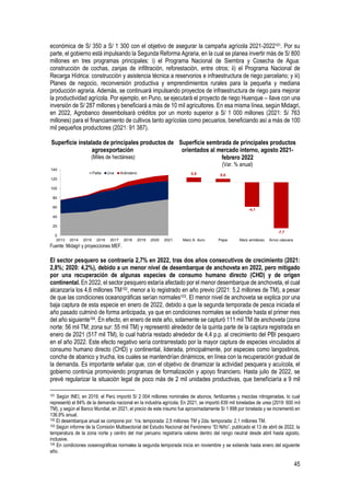45
económica de S/ 350 a S/ 1 300 con el objetivo de asegurar la campaña agrícola 2021-2022101. Por su
parte, el gobierno está impulsando la Segunda Reforma Agraria, en la cual se planea invertir más de S/ 800
millones en tres programas principales: i) el Programa Nacional de Siembra y Cosecha de Agua:
construcción de cochas, zanjas de infiltración, reforestación, entre otros; ii) el Programa Nacional de
Recarga Hídrica: construcción y asistencia técnica a reservorios e infraestructura de riego parcelario; y iii)
Planes de negocio, reconversión productiva y emprendimientos rurales para la pequeña y mediana
producción agraria. Además, se continuará impulsando proyectos de infraestructura de riego para mejorar
la productividad agrícola. Por ejemplo, en Puno, se ejecutará el proyecto de riego Huenque – Ilave con una
inversión de S/ 287 millones y beneficiará a más de 10 mil agricultores. En esa misma línea, según Midagri,
en 2022, Agrobanco desembolsará créditos por un monto superior a S/ 1 000 millones (2021: S/ 763
millones) para el financiamiento de cultivos tanto agrícolas como pecuarios, beneficiando así a más de 100
mil pequeños productores (2021: 91 387).
Superficie instalada de principales productos de
agroexportación
(Miles de hectáreas)
Superficie sembrada de principales productos
orientados al mercado interno, agosto 2021-
febrero 2022
(Var. % anual)
Fuente: Midagri y proyecciones MEF.
El sector pesquero se contraería 2,7% en 2022, tras dos años consecutivos de crecimiento (2021:
2,8%; 2020: 4,2%), debido a un menor nivel de desembarque de anchoveta en 2022, pero mitigado
por una recuperación de algunas especies de consumo humano directo (CHD) y de origen
continental. En 2022, el sector pesquero estaría afectado por el menor desembarque de anchoveta, el cual
alcanzaría los 4,6 millones TM102, menor a lo registrado en año previo (2021: 5,2 millones de TM), a pesar
de que las condiciones oceanográficas serían normales103. El menor nivel de anchoveta se explica por una
baja captura de esta especie en enero de 2022, debido a que la segunda temporada de pesca iniciada el
año pasado culminó de forma anticipada, ya que en condiciones normales se extiende hasta el primer mes
del año siguiente104. En efecto, en enero de este año, solamente se capturó 111 mil TM de anchoveta (zona
norte: 56 mil TM; zona sur: 55 mil TM) y representó alrededor de la quinta parte de la captura registrada en
enero de 2021 (517 mil TM), lo cual habría restado alrededor de 4,4 p.p. al crecimiento del PBI pesquero
en el año 2022. Este efecto negativo sería contrarrestado por la mayor captura de especies vinculados al
consumo humano directo (CHD) y continental, liderada, principalmente, por especies como langostinos,
concha de abanico y trucha, los cuales se mantendrían dinámicos, en línea con la recuperación gradual de
la demanda. Es importante señalar que, con el objetivo de dinamizar la actividad pesquera y acuícola, el
gobierno continúa promoviendo programas de formalización y apoyo financiero. Hasta julio de 2022, se
prevé regularizar la situación legal de poco más de 2 mil unidades productivas, que beneficiaría a 9 mil
101 Según INEI, en 2019, el Perú importó S/ 2 004 millones nominales de abonos, fertilizantes y mezclas nitrogenadas, lo cual
representó el 84% de la demanda nacional en la industria agrícola. En 2021, se importó 639 mil toneladas de urea (2019: 600 mil
TM), y según el Banco Mundial, en 2021, el precio de este insumo fue aproximadamente S/ 1 898 por tonelada y se incrementó en
136,9% anual.
102 El desembarque anual se compone por: 1ra. temporada: 2,5 millones TM y 2da. temporada: 2,1 millones TM.
103 Según informe de la Comisión Multisectorial del Estudio Nacional del Fenómeno “El Niño”, publicado el 13 de abril de 2022, la
temperatura de la zona norte y centro del mar peruano registraría valores dentro del rango neutral desde abril hasta agosto,
inclusive.
104 En condiciones oceanográficas normales la segunda temporada inicia en noviembre y se extiende hasta enero del siguiente
año.
0
20
40
60
80
100
120
140
2013 2014 2015 2016 2017 2018 2019 2020 2021
Palta Uva Arándano 0,8 0,6
-4,1
-7,7
Maíz A. duro Papa Maíz amiláceo Arroz cáscara
 