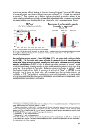 46
acuicultores. Además, el Fondo Nacional de Desarrollo Pesquero (Fondepes)105 otorgaría S/ 9,2 millones
al programa Credipes, que entregará créditos promocionales por hasta S/ 101 mil para la pesca artesanal
y acuicultura106. Cabe mencionar que el Gobierno continuará impulsando la acuicultura a través de las
mesas ejecutivas sectoriales con el objetivo de desarrollar el subsector e impulsar inversiones responsables
con las comunidades y con el medio ambiente, que incluyan a las micro y pequeñas empresas (Mypes).
PBI Pesca1
(Var. % real anual, puntos porcentuales)
Desembarque de anchoveta de las segundas
temporadas en la zona norte2
(Miles de TM)
1/ CHD: Consumo humano directo; CHI: Consumo humano indirecto.
2/ En enero 2020, la extracción de anchoveta fue casi nula debido a una suspensión de la segunda temporada por anomalías
oceanográficas. El promedio histórico de enero considera los periodos regulares de desembarque entre 2011 a 2021.
Fuente: INEI, Produce e Imarpe.
La manufactura primaria crecería 2,6% en 2022 (MMM: 5,7%), por encima de lo registrado el año
previo (2021: 1,9%), favorecido por la mayor refinación de cobre y el reinició de operaciones de la
refinería de Talara; pero contrarrestado, parcialmente, por la menor captura de anchoveta y otras
especies hidrobiológicas. En 2022, el rubro de refinación de metales preciosos y no ferrosos107 tendrá
una dinámica positiva por la mayor producción de cobre refinado, asociado a nuevos proyectos como Mina
Justa, fase 1 de la Ampliación de Toromocho y Quellaveco. Asimismo, la refinación de petróleo108 estará
beneficiada, principalmente, por el inicio de operaciones de la refinería de Talara109 en el 2T2022, con una
producción inicial de prueba que duraría entre 4 a 6 meses para luego alcanzar niveles similares a los
registrados en 2018. Por el contrario, el procesamiento y conservación de pescados se contraería debido
a la menor extracción de anchoveta y recursos hidrobiológicos para enlatado, como resultado de la menor
cuota de captura en especies como bonito y jurel.
105 Fondepes es la entidad responsable de desarrollar productos para promover la pesca artesanal acuícola y facilita principalmente
líneas de financiamiento para programas de apoyo a la pesca.
106 Credipes está destinado principalmente a financiar el desarrollo eficiente de las faenas de pesca, lo que incluiría en mejora en
motores, redes y aparejos de pesca, equipos de navegación, entre otros. Existen dos tipos de créditos: i) crédito de hasta S/ 46 mil
soles o 10 UIT, con una tasa de interés del 3% anual, plazo de 36 meses y un periodo de gracia de 4 meses; y ii) crédito de hasta
S/ 101,200 o 22 UIT, con un interés anual del 7%, y con garantía hipotecaria.
107 Representa 21,2% de la manufactura primaria.
108 Representa 18,2% de la manufactura primaria.
109 En 2018, la refinería inició un proceso de reducción de producción y optó por una paralización del 100% de sus actividades el
31 de diciembre de 2019 debido a los cambios que implicaba el proyecto de la modernización de la refinería de Talara. Actualmente,
se encuentra operando en fase de prueba.
15,9
-10,1
4,7
47,7
-17,2
4,2 2,8
-2,7
-40
-20
0
20
40
60
2015 2016 2017 2018 2019 2020 2021 2022
CHD (Consumo humano directo)
CHI (anchoveta)
Continental
Pesca
702
298
5
714
1 226
517
918
1 082
56
Noviembre Diciembre Enero
2019-2020 2020-2021 2021-2022
Promedio:
300 mil TM
 