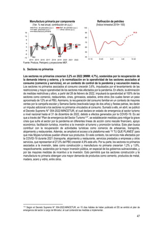 47
Manufactura primaria por componente
(Var. % real anual, contribución en p.p.)
Refinación de petróleo
(Índice trimestral 2019= 100)
Fuente: Produce, Petroperú y proyecciones MEF.
b. Sectores no primarios
Los sectores no primarios crecerían 3,2% en 2022 (MMM: 4,7%), sostenidos por la recuperación de
la demanda interna y externa, y la normalización en la operatividad de los sectores asociados al
consumo (comercio y servicios), en un contexto de control de la pandemia y vacunación masiva.
Los sectores no primarios asociados al consumo crecerán 3,6%, impulsados por el levantamiento de las
restricciones y mayor operatividad de los sectores más afectados por la pandemia. En efecto, la eliminación
de medidas restrictivas y aforo, a partir del 28 de febrero de 2022, impulsará la operatividad al 100% de los
sectores como comercio, restaurantes, cines, gimnasios, estadios, entre otros (los cuales tienen un peso
aproximado de 12% en el PBI). Asimismo, la recuperación del consumo familiar en un contexto de mayores
ventas por la campaña escolar y Semana Santa (reactivada luego de dos años) y fiestas patrias, les darán
un impulso adicional a los sectores no primarios vinculados al consumo. Sumado a ello, en abril, se publicó
el Decreto Supremo N° 004-2022-MINCETUR, el cual declara en estado de emergencia al sector turismo
a nivel nacional hasta el 31 de diciembre de 2022, debido a efectos generados por la COVID-19. Es así
que a través del “Plan de emergencia del Sector Turismo110”, se establecerán medidas para mitigar la grave
crisis que sufre el sector por la pandemia en diferentes líneas de acción como rescate financiero, apoyo
económico, facilitación turística, incentivo a la inversión al turismo y promoción turística. Este plan busca
contribuir con la recuperación de actividades turísticas como comercio de artesanías, transporte,
alojamiento y restaurantes. Además, se ampliará el acceso a la plataforma web “Y TU QUE PLANES” para
que más Mypes turísticas puedan ofrecer sus productos. En este contexto, los servicios más afectados por
la COVID-19 durante 2021 (transporte, alojamiento y restaurante, servicios prestados a empresas y otros
servicios, que representan el 27,0% del PBI) crecerán 4,9% este año. Por su parte, los sectores no primarios
asociados a la inversión, tales como construcción y manufactura no primaria crecerían 1,2% y 1,8%,
respectivamente, sostenidos por la mayor inversión pública, en especial de los gobiernos subnacionales, y
por las mayores medidas de incentivo a la inversión. Esto permitirá que los sectores construcción y la
manufactura no primaria obtengan una mayor demanda de productos como cemento, productos de metal,
madera, acero y vidrio, entre otros.
110 Según el Decreto Supremo N° 004-2022-MINCETUR, en 15 días hábiles de haber publicado el DS se emitirá el plan de
emergencia del sector a cargo de Mincetur, el cual contendrá las medidas a implementar.
-9,4
1,6
-0,7
1,6
12,9
-8,5
-2,0
1,9 2,6
-12
-8
-4
0
4
8
12
16
2014 2015 2016 2017 2018 2019 2020 2021 2022
Proc. de pescados (p.p.) Ref .de petróleo (p.p.)
Met. preciosos (p.p.) Otros rubros (p.p.)
Manufactura primaria
91,9
45
55
65
75
85
95
105
IV-19 III-20 II-21 I-22 IV-22
 