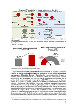 50
Proyectos APP por adjudicar y/o declarar de interés entre 2022-20241
1/ Cartera de proyectos APP, actualizada con información al 14 de marzo de 2022. El proyecto COAR Centro ya fue adjudicado el
9 de marzo de 2022.
(*) Proyectos por definir con el sector. En ambos casos, el proceso de promoción se encuentra suspendido por parte de
Proinversión.
Fuente: MEF y Proinversión.
Monto ejecutado de los proyectos del PNIC
(Millones de US$)
Avance de ejecución financiera del PNIC a
diciembre de 2021
(%, millones de US$)
Fuente: Equipo Especial de Seguimiento de Inversiones (EESI), MEF.
La inversión minera crecería 2,3% entre 2023-2025, ante la ejecución de los proyectos que iniciarían
construcción en 2022 (Yanacocha Sulfuros, Corani, Magistral) y el inicio de construcción de nuevos
proyectos como Zafranal, Los Chancas y Michiquillay. Las inversiones promovidas del grupo de
proyectos que iniciarán construcción en 2022 (Yanacocha Sulfuros, San Gabriel, Corani, Magistral)
alcanzarían sus picos de inversiones entre 2023-2024. Además, entre 2023 y 2025, se prevé el inicio de
construcción de nuevos proyectos por un monto global de US$ 7 746 millones, entre los que destacan:
Zafranal en 2023 (US$ 1 263 millones), Trapiche (US$ 973 millones) y Los Chancas en 2024 (US$ 2 600
millones), y Michiquillay en 2025 (US$ 2 500 millones), tras avanzar con la aprobación de permisos y
procedimientos ambientales. Respecto a Chancas y Michiquillay, ambos proyectos de cobre, actualmente,
aún se encuentran en etapa de pre-factibilidad realizando trabajos exploratorios. Además, Perú cuenta con
una cantidad significativa de proyectos en cartera que pueden ser viabilizados en el mediano plazo. Según
el Ministerio de Energía y Minas, a noviembre 2021, del total de la cartera minera de proyectos (43
proyectos), 28 proyectos mineros por alrededor de US$ 35 mil millones (65% de la cartera total de proyectos
de construcción de mina: US$ 53 mil millones)114 se encuentran en diferentes fases de desarrollo, las cuales
podrían incorporarse a la etapa de construcción y dar un mayor impulso a las inversiones. Adicionalmente,
114 Se considera los proyectos que no presentan una fecha determinada de inicio de construcción en cartera de proyectos mineros.
2023 - 2024
COAR Centro
PTAR
Puerto Maldonado
Reque-Nueva Carhuaquero
LT Piura Nueva-Frontera
EsSalud Chimbote
EsSalud Piura
Pq. Ind. Ancón
Enlace Ica-Poroma e ITC
Enlace Cáclic-Jaén Norte
Enlace Huánuco-Tocache
-Celendín-Trujillo
+ Enlace Celendín-Piura
Enlace San José, Piura,
Lambayeque, Tarapoto Piura
Obras de Cabecera
Longitudinal
de la Sierra Tramo 4
Mejoramiento de los
Servicios Turísticos Públicos
del Parque Arqueológico Choquequirao
CER VMT
CER Ate y SJL
CER Comas y SMP
PTAR Huancayo
GIRSE
Nuevo Hospital
Militar Central
Hospital Hipólito Unánue
Teleférico
San Cristóbal
Hito de adjudicación
Hito de declaratoria de interés
Ferrocarril
Huancayo
Huancavelica (*)
Anillo Vial Periférico
TP
San Juan de Marcona
PTAR Chincha
2022
CER Lima Metropolitana
Bandas
AWS-3 y 2.3 GHz(*)
Total 2022: 13 proyectos por US$ 4 665 millones Total 2023-2024: 14 proyectos por US$ 2 237 millones
Jul-19 Dic-21
US$ 3 758
Millones
US$ 5 699
Millones
Avance de
ejecución
financiera
17%
(US$ 5 699
millones)
Total:
US$ 33 554
millones
 