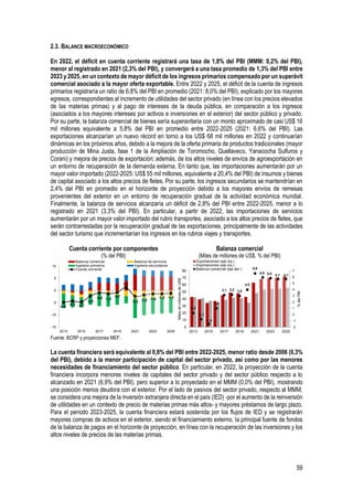 59
2.3. BALANCE MACROECONÓMICO
En 2022, el déficit en cuenta corriente registrará una tasa de 1,8% del PBI (MMM: 0,2% del PBI),
menor al registrado en 2021 (2,3% del PBI), y convergerá a una tasa promedio de 1,3% del PBI entre
2023 y 2025, en un contexto de mayor déficit de los ingresos primarios compensado por un superávit
comercial asociado a la mayor oferta exportable. Entre 2022 y 2025, el déficit de la cuenta de ingresos
primarios registraría un ratio de 6,8% del PBI en promedio (2021: 8,0% del PBI), explicado por los mayores
egresos, correspondientes al incremento de utilidades del sector privado (en línea con los precios elevados
de las materias primas) y al pago de intereses de la deuda pública, en comparación a los ingresos
(asociados a los mayores intereses por activos e inversiones en el exterior) del sector público y privado.
Por su parte, la balanza comercial de bienes sería superavitaria con un monto aproximado de casi US$ 16
mil millones equivalente a 5,8% del PBI en promedio entre 2022-2025 (2021: 6,6% del PBI). Las
exportaciones alcanzarían un nuevo récord en torno a los US$ 68 mil millones en 2022 y continuarían
dinámicas en los próximos años, debido a la mejora de la oferta primaria de productos tradicionales (mayor
producción de Mina Justa, fase 1 de la Ampliación de Toromocho, Quellaveco, Yanacocha Sulfuros y
Corani) y mejora de precios de exportación; además, de los altos niveles de envíos de agroexportación en
un entorno de recuperación de la demanda externa. En tanto que, las importaciones aumentarán por un
mayor valor importado (2022-2025: US$ 55 mil millones, equivalente a 20,4% del PBI) de insumos y bienes
de capital asociado a los altos precios de fletes. Por su parte, los ingresos secundarios se mantendrían en
2,4% del PBI en promedio en el horizonte de proyección debido a los mayores envíos de remesas
provenientes del exterior en un entorno de recuperación gradual de la actividad económica mundial.
Finalmente, la balanza de servicios alcanzaría un déficit de 2,8% del PBI entre 2022-2025, menor a lo
registrado en 2021 (3,3% del PBI). En particular, a partir de 2022, las importaciones de servicios
aumentarán por un mayor valor importado del rubro transportes, asociado a los altos precios de fletes, que
serán contrarrestadas por la recuperación gradual de las exportaciones, principalmente de las actividades
del sector turismo que incrementarían los ingresos en los rubros viajes y transportes.
Cuenta corriente por componentes
(% del PBI)
Balanza comercial
(Miles de millones de US$, % del PBI)
Fuente: BCRP y proyecciones MEF.
La cuenta financiera será equivalente al 0,8% del PBI entre 2022-2025, menor ratio desde 2006 (0,3%
del PBI), debido a la menor participación de capital del sector privado, así como por las menores
necesidades de financiamiento del sector público. En particular, en 2022, la proyección de la cuenta
financiera incorpora menores niveles de capitales del sector privado y del sector público respecto a lo
alcanzado en 2021 (6,9% del PBI), pero superior a lo proyectado en el MMM (0,0% del PBI), mostrando
una posición menos deudora con el exterior. Por el lado de pasivos del sector privado, respecto al MMM,
se considera una mejora de la inversión extranjera directa en el país (IED) -por el aumento de la reinversión
de utilidades en un contexto de precio de materias primas más altos- y mayores préstamos de largo plazo.
Para el periodo 2023-2025, la cuenta financiera estará sostenida por los flujos de IED y se registrarán
mayores compras de activos en el exterior, siendo el financiamiento externo, la principal fuente de fondos
de la balanza de pagos en el horizonte de proyección, en línea con la recuperación de las inversiones y los
altos niveles de precios de las materias primas.
-4,8
-4,3 -4,7
-2,3
-0,9 -1,3
-0,7
1,2
-2,3 -1,8 -1,4 -1,3 -1,1
-15
-10
-5
0
5
10
2013 2015 2017 2019 2021 2023 2025
Balanza comercial Balanza de servicios
Ingresos primarios Ingresos secundarios
Cuenta corriente
0,3
-0,7
-1,5
1,0
3,1 3,2 3,0
4,0
6,6
5,9 5,8 5,7 5,7
-2
-1
0
1
2
3
4
5
6
7
0
10
20
30
40
50
60
70
80
2013 2015 2017 2019 2021 2023 2025
%
del
PBI
Miles
de
millones
de
US$
Exportaciones (eje izq.)
Importaciones (eje izq.)
Balanza comercial (eje der.)
 