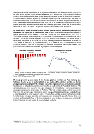 68
Además, es de resaltar que el diseño de las reglas macrofiscales del país tiene en cuenta la composición
del gasto público, en línea con las recomendaciones del BID141. En particular, dicho organismo destaca la
importancia de complementar las reglas fiscales agregadas con reglas fiscales de doble condición, es decir,
aquellas que evitan el sesgo negativo en contra de la inversión pública. De esta manera, las reglas de
crecimiento para el gasto total y el gasto corriente buscan limitar el crecimiento del gasto poco flexible y, a
la vez, preservar los niveles de inversión pública, sobre todo en un contexto de consolidación fiscal. Según
el BID, la evidencia sugiere que estas reglas son deseables ya que los países que las han aplicado
registraron un mayor crecimiento y redujeron la volatilidad de sus fluctuaciones económicas.
En consecuencia, en los próximos años las finanzas públicas del país mantendrán una trayectoria
consistente con el principio de sostenibilidad fiscal. El déficit fiscal se reduciría de manera ordenada y
gradual, y ascendería a 2,5% del PBI, 2,4% del PBI, 2,0% del PBI, 1,5% del PBI en 2022, 2023, 2024 y
2025, respectivamente, para converger a 1,0% del PBI de 2026 en adelante. Así, manteniendo el déficit
fiscal en 1,0% del PBI durante el periodo 2026-2050, la deuda pública seguiría una senda estable y
decreciente, ubicándose en 33,2% del PBI en 2026 para luego descender gradualmente alcanzado un
30,8% del PBI en el año 2030, 26,6% del PBI en 2040 y 24,1% del PBI en 2050. En consecuencia, la deuda
pública se mantendrá como uno de los pilares que respaldan las fortalezas macrofiscales de Perú y se
posicionaría como una las más bajas de la región y entre países emergentes.
Resultado económico del SPNF
(% del PBI)
Deuda pública del SPNF1
(% del PBI)
1/ Asume un resultado económico de -1,0% del PBI entre 2026 y 2050.
Fuente: BCRP, MEF y proyecciones MEF.
El manejo prudente y responsable de las finanzas públicas permiten que Perú mantenga sus
fortalezas fiscales y que la sostenibilidad de su deuda pública continúe siendo uno de los
principales pilares de competitividad del país, a pesar del impacto de la pandemia. La sólida posición
fiscal del país se reflejará en que en los siguientes años la deuda pública de Perú (2026: 33,2% del PBI)
continúe ubicándose como una de las más bajas entre países de América Latina y economías emergentes
(cuyos promedios estarían en alrededor de 72,0% del PBI). Esto será clave para mantener condiciones
financieras más favorables, que maximicen el espacio presupuestal de gasto público que pueda destinarse
a usos más productivos como educación, salud o infraestructura. Además, se asegura el fortalecimiento de
la resiliencia del país para responder a choques adversos considerando que ello ha sido clave para
mantener la sólida posición fiscal en términos comparativos, como se observó en los choques adversos de
la crisis financiera, reversión precios de commodities y la pandemia.
141 BID (2018) - “Mejor gasto para mejores vidas: Cómo América Latina y el Caribe puede hacer más con menos”.
-1,6
-8,9
-2,5 -2,5 -2,4
-2,0
-1,5
-1,0 -1,0 -1,0 -1,0 -1,0 -1,0
2019 2020 2021 2022 2023 2024 2025 2026 2030 2035 2040 2045 2050
26,6
34,6
36,0
34,7 34,3 34,1 33,8
33,2
30,8
28,5
26,6
25,2
24,1
2019 2020 2021 2022 2023 2024 2025 2026 2030 2035 2040 2045 2050
 