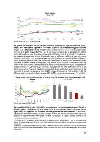 69
Deuda pública
(% del PBI)
Fuente: BCRP, FMI, MEF y proyecciones MEF.
En general, las fortalezas fiscales del país permitirán mantener una baja percepción de riesgo,
acceso a los mercados de capitales en condiciones favorables, así como sostener y posibilitar una
mejora en la calificación crediticia. Perú se mantendrá, como uno de los países con la mejor calificación
crediticia de la región, después de Chile, y uno de los países emergentes con la calificación más estable
de los últimos años, a pesar de la reciente rebaja en la calificación en marzo de este año142. No obstante,
es relevante potenciar otros factores determinantes para la calificación crediticia de país, tales como
aspectos institucionales y de competitividad, pero manteniendo siempre la sostenibilidad fiscal, que es uno
de los principales pilares del país. Cabe destacar que, bajos niveles de deuda pública normalmente están
asociados a menores niveles de riesgo país, que permite al país acceder a una mayor cartera de
inversionistas institucionales y a menores tasas de interés143, generando condiciones para poder dinamizar
el crecimiento del país y generar mayor bienestar a los ciudadanos. Así, tanto las tasas de interés de los
bonos soberanos de Perú como el pago de intereses de la deuda pública continuarán siendo una de las
más bajas de la región. Al respecto, al cierre de 2021, el pago de intereses de Perú se ubicó en 1,5% del
PBI, por debajo del promedio de América Latina (3,3% del PBI) y de economías emergentes (1,9% del PBI).
Tasa de interés de bonos soberanos a 10 años en
dólares
(%)
Pago de intereses de la deuda pública en 2021
(% del PBI)
Fuente: Bloomberg, FMI, BCRP y MEF.
La consolidación fiscal entre 2023-2025 irá acompañada de incrementos de los ingresos fiscales y
el gasto público, consistentes con la recuperación de la economía, precios de exportación con un
ligero sesgo a la baja (pero aún en niveles elevados) y medidas fiscales favorables. En estos años,
se prevé que la economía crezca a un ritmo promedio de 3,3% real por año, mientras que los precios de
exportación registrarían una normalización a la baja. Por ejemplo, el precio del cobre pasaría de un
142 En marzo de 2022, la calificadora de riesgo S&P rebajó la calificación crediticia de Perú de BBB+ a BBB, en un contexto donde
las tres principales calificadoras de riesgo del mundo vienen realizando numerosas rebajas de calificaciones crediticias en países
emergentes.
143 Asimismo, una deuda pública baja y sostenible conlleva a una menor carga de pago de intereses, lo que brinda al Estado mayor
espacio para gasto productivo en favor del bienestar de los ciudadanos; como gastos en salud, educación y cierre de brechas de
infraestructura.
68,1
70,6
53,9
73,8
52,4
54,5
28,3
37,9
26,6
34,6 36,0
34,7 34,3 34,1 33,8
33,2
53,3
59,8
20
30
40
50
60
70
80
2019 2020 2021 2022 2023 2024 2025 2026
América Latina
México
Chile
Perú
Colombia
Países emergentes
1,0
2,0
3,0
4,0
5,0
6,0
Ene-20
Mar-20
May-20
Ago-20
Oct-20
Ene-21
Mar-21
Jun-21
Ago-21
Nov-21
Ene-22
Abr-22
Perú
Chile
México
Colombia
3,7
3,5
3,3
1,9
1,5
0,8
México Colombia América
Latina
Economías
emergentes
Perú Chile
 
