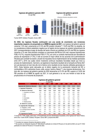 80
Ingresos del gobierno general, 2021
(% del PBI)
Ingresos del gobierno general
(% del PBI)
Fuente: BCRP, EsSalud, Perupetro, Sunat y MEF.
En 2022, los ingresos fiscales continuarán con una senda de crecimiento con revisiones
importantes respecto a lo proyectado en el MMM de agosto de 2021. Los ingresos del gobierno general
crecerían 1,5% real y alcanzarían el 21,0% del PBI (presión tributaria172: 15,8% del PBI); no obstante, de
no considerarse el efecto estadístico negativo por el registro de los ingresos de carácter extraordinario de
2021 (correspondientes al pago de deudas del sector minería por alrededor de 0,5% del PBI) los ingresos
crecerían 4,1% real. Esta previsión considera un crecimiento del PBI de 3,6% real, mayores importaciones
FOB (+10,7%), mayores exportaciones FOB (+7,7%), así como un contexto internacional aún favorable de
precios de exportación (+1,0%). A ello se sumará el mayor efecto de las acciones de la administración
tributaria para combatir la evasión y elusión de impuestos tras la implementación de las medidas aprobadas
entre 2017 y 2019, las cuales vienen mostrando continuos resultados favorables desde que inició su
proceso de implementación. Asimismo, se registrará el importante resultado de la Campaña de Renta 2021
(el cual alcanzaría el nivel más alto de la historia como resultado de las mayores utilidades generadas en
2021). Estos factores serán atenuados por el efecto negativo de la exoneración temporal del ISC a
combustibles e IGV a alimentos (huevo, pollo, azúcar, harina y fideos)173 y las mayores devoluciones. Con
todo ello, los ingresos del gobierno general de 2022 alcanzarían el 21,0% del PBI, superior al 19,9% del
PBI previstos en el MMM de agosto de 2021, lo cual generará a su vez una revisión al alza de las
proyecciones en el horizonte de proyección.
Ingresos del gobierno general
(% del PBI)
1/ Incluye ITF, ITAN, multas, entre otros. 2/ Principalmente recursos directamente recaudados, otros ingresos del Tesoro Público,
entre otros. Fuente: BCRP, EsSalud, Perupetro, Sunat, MEF y proyecciones MEF.
172 Considera los ingresos tributarios del gobierno central.
173 De acuerdo con el Decreto Supremo N° 068-2022-EF publicado en el diario El Peruano el 3 de abril de 2022 y la Ley N° 31452
publicada en el diario El Peruano el 14 de abril de 2022.
19,4
19,2
19,9
21,0
MMM
Agosto 2020
IAPM
Abril 2021
MMM
Agosto 2021
Ejecutado
21,8
22,4 22,3 22,4
20,2
18,7
18,2
19,3
19,8
17,8
21,0
16,1
16,5 16,3 16,6
14,8
13,5
12,9
14,0 14,3
12,9
16,0
2011 2012 2013 2014 2015 2016 2017 2018 2019 2020 2021
Ingresos tributarios del gobierno central
Concepto 2014 2015 2016 2017 2018 2019 2020 2021 2022
Ingresos del Gobierno General 22,4 20,2 18,7 18,2 19,3 19,8 17,8 21,0 21,0
I. Ingresos Tributarios 17,0 15,2 14,0 13,3 14,4 14,7 13,3 16,4 16,2
A. Gobierno Nacional 16,6 14,8 13,5 12,9 14,0 14,3 12,9 16,0 15,8
1. Impuesto a la Renta 7,0 5,7 5,6 5,2 5,6 5,7 5,3 6,3 6,8
2. IGV 8,7 8,4 8,0 7,8 8,1 8,2 7,7 8,9 8,8
3. ISC 0,9 0,9 0,9 0,9 0,9 1,1 1,0 1,0 0,8
4. Aranceles 0,3 0,3 0,2 0,2 0,2 0,2 0,2 0,2 0,2
5. Otros1
1,5 1,3 1,3 1,2 1,4 1,5 1,2 1,9 1,5
6. Devoluciones -1,9 -1,9 -2,5 -2,4 -2,2 -2,3 -2,4 -2,3 -2,4
B. Gobierno Locales 0,4 0,4 0,4 0,4 0,4 0,4 0,3 0,4 0,4
II. Ingresos No Tributarios 5,3 4,9 4,6 4,7 4,7 4,9 4,5 4,6 4,8
2.1 Regalías y GEM 1,1 0,6 0,5 0,6 0,7 0,6 0,5 1,0 1,1
2.2 Contribuciones Sociales 2,2 2,3 2,2 2,1 2,2 2,2 2,2 2,1 2,1
2.3 Otros2
2,0 2,1 1,9 2,0 1,9 2,1 1,8 1,6 1,6
III. Ingresos de Capital 0,1 0,1 0,1 0,2 0,2 0,2 0,1 0,0 0,0
 