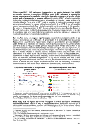 87
Si bien entre el 2023 y 2025, los ingresos fiscales registran una revisión al alza de 0,5 p.p. del PBI
en promedio, respecto a lo esperado en el MMM de agosto de 2021, aún existe la necesidad de
acercar progresivamente la recaudación a los niveles observados en los pares de la región a fin de
reducir las brechas existentes en servicios públicos. Al respecto, el FMI184 señala la necesidad de
implementar medidas administrativas que mejoren la recaudación de impuestos y legislar cambios en la
normativa tributaria. Por su parte, el BID185 resalta la necesidad de implementar medidas de carácter
permanente que fortalezcan los ingresos públicos luego de la crisis de la COVID-19, con la finalidad de
volver a la senda de consolidación fiscal y alentar la reactivación económica sin perder de vista la equidad.
De hecho, en el segundo semestre de 2021 diversos países de la región, como Colombia, Ecuador y
México186, implementaron medidas tributarias para aumentar el nivel de ingresos permanentes en favor de
la consolidación fiscal, con el propósito de mantener sostenibles las finanzas públicas, pero asegurando la
reactivación económica en un contexto de incertidumbre.
Para ello, Perú cuenta con márgenes importantes para emprender incrementos importantes de los
ingresos permanentes que contribuyan a la preservación de la sostenibilidad de las cuentas
fiscales. Previo a la pandemia, los ingresos fiscales del gobierno general del Perú (promedio 2009-2019:
20,5% del PBI) ya se encontraban por debajo del promedio de los países de América Latina (promedio
2009-2019: 28,3% del PBI) y de la OCDE (promedio 2009-2019: 39,7% del PBI) como resultado de los
elevados niveles de incumplimiento del IGV e IR (los más altos de la región), los cuales implican un 8,1%
del PBI de menores recursos fiscales. Así, existe un margen para incrementar los ingresos permanentes a
través de medidas enfocadas en solucionar problemas del sistema tributario actual, relacionados con la
administración de los tributos (Sunat, Tribunal Fiscal y Poder Judicial) y su propio diseño (gastos tributarios,
determinación de la base imponible, tasas, entre otros); así como otros de carácter estructural vinculados
con la alta informalidad, las brechas de digitalización y la baja inclusión financiera, entre otros. En este
sentido, organismos internacionales, como el FMI y el BID187, han recomendado como punto de partida la
revisión de medidas tributarias dirigidas a combatir la evasión fiscal, las exenciones y los impuestos
distorsionadores; así como abordar nuevos desafíos en la economía digital y el cambio climático.
Comparativa internacional de los ingresos del
gobierno general
(% del PBI)
Ranking de incumplimiento del IGV e IR2, 3
(% de la recaudación potencial)
1/ Representa el promedio no ponderado de 37 países miembros de la OCDE. 2/ En Perú, corresponde al ratio entre el
incumplimiento estimado y el impuesto determinado potencial, neto del efecto de gastos tributarios. 3/ En el caso de Chile y
Colombia, el incumplimiento de IR de personas jurídicas corresponde a los años 2009 y 2016, respectivamente.
Fuente: FMI, Cepal (2018), Ministerio de Hacienda de Chile, Sunat y MEF.
Entre 2022 y 2025, los ingresos observados convergerán al nivel de los ingresos estructurales
conforme se cierren las brechas de PBI y de precios de exportación. Es necesario mencionar que el
cálculo de los ingresos estructurales, conforme con la metodología actual para el cálculo de las cuentas
184 Cárdenas et al. (2021). Fiscal Policy Challenges for Latin America during the Next Stages of the Pandemic: The Need for a
Fiscal Pact. IMF, WP/21/77.
185 BID (2020). Ideas para una mejor tributación en la post-crisis del COVID-19.
186 Colombia: Ley N° 2155, Ley de Inversión Social (set-21), Ecuador: Ley Orgánica para el Desarrollo Económico y Sostenibilidad
Fiscal tras la Pandemia COVID-19 (nov-21), México: Resolución Miscelánea Fiscal para 2022 (dic-21).
187 BID (2022). Informe Macroeconómico de América Latina y El Caribe 2022: de la recuperación a la renovación y FMI (2022).
Fiscal Monitor, abril 2022.
21,0
22,4 22,4
18,7 19,3
17,8
29,8 30,0
26,3 27,1 27,1
25,8
38,8
39,8 40,0 39,7 39,9 39,7
10
15
20
25
30
35
40
45
2009 2010 2011 2012 2013 2014 2015 2016 2017 2018 2019 2020
Perú ALC OCDE1
Perú (2020)
Perú (2014)
Chile (2017)
Colombia (2017)
México (2016)
IGV IR
38,1 54,2
28,7 45,5
21,4 31,0
16,4 19,2
23,6 35,8
América Latina (2017) 32,1 57,7
 